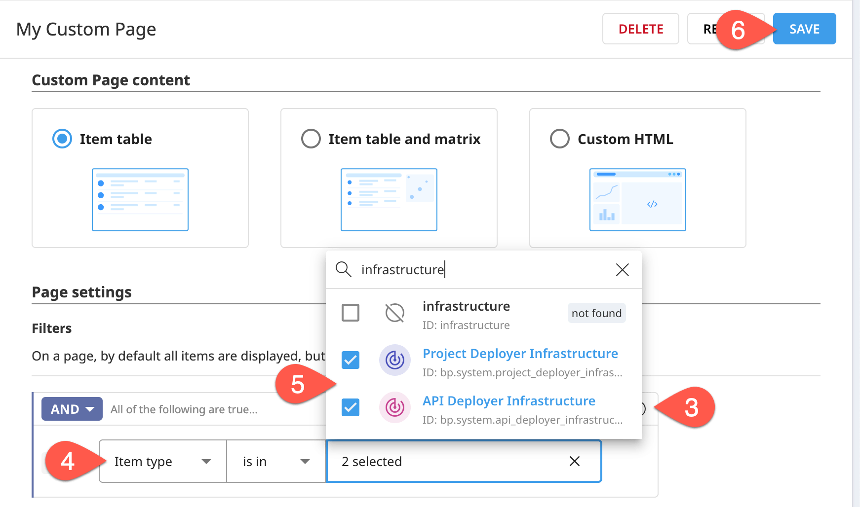 Dataiku screenshot of the filter setting in a custom page.