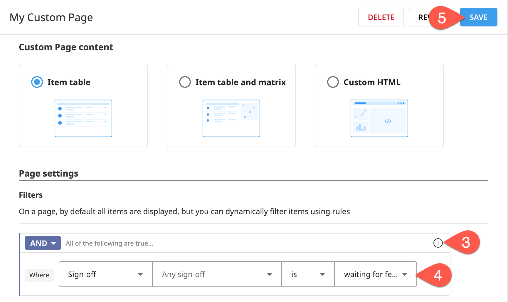 Dataiku screenshot of a filter for a sign-off state in a custom page.