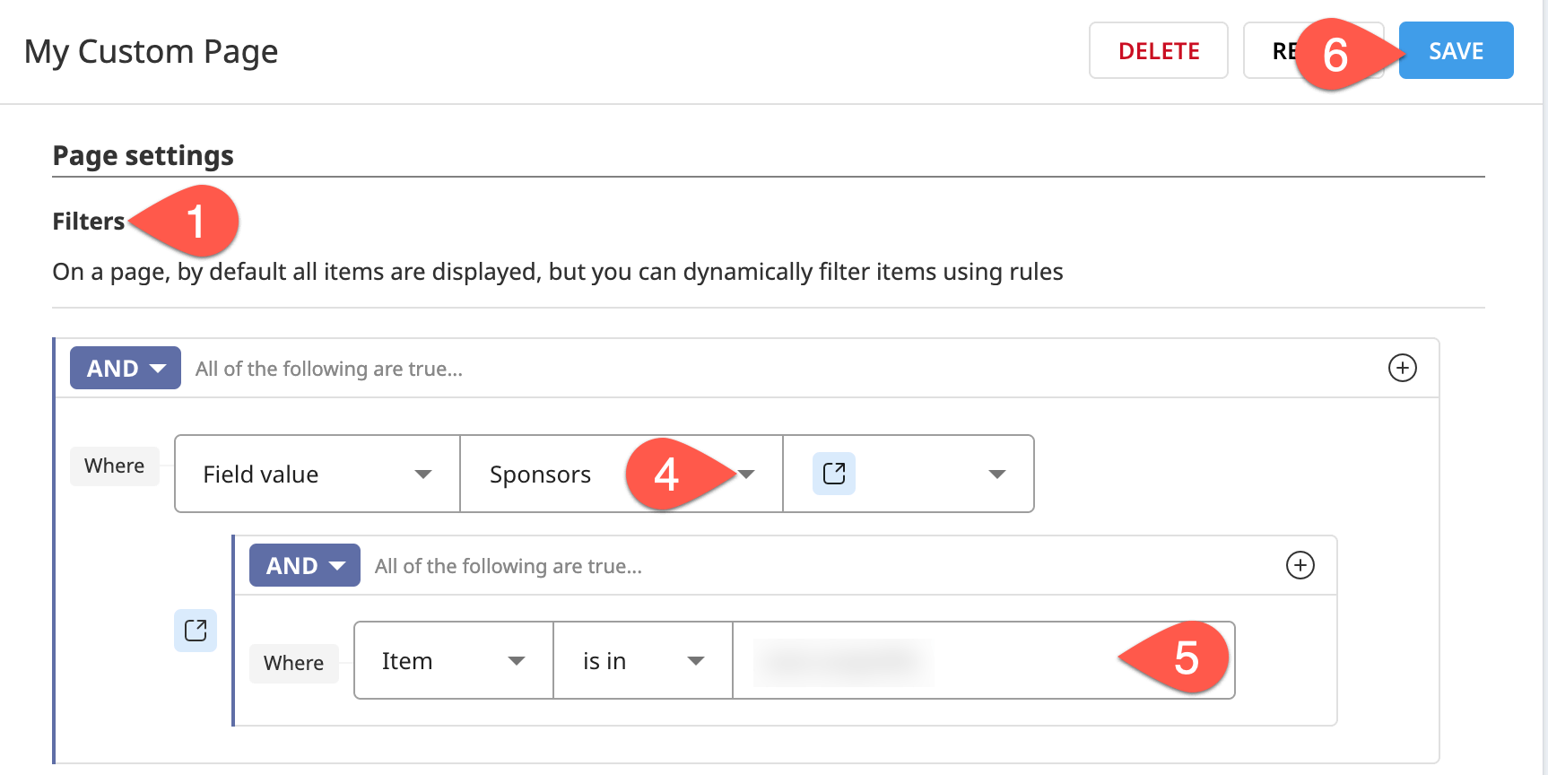 Dataiku screenshot of a field value filter for sponsors.