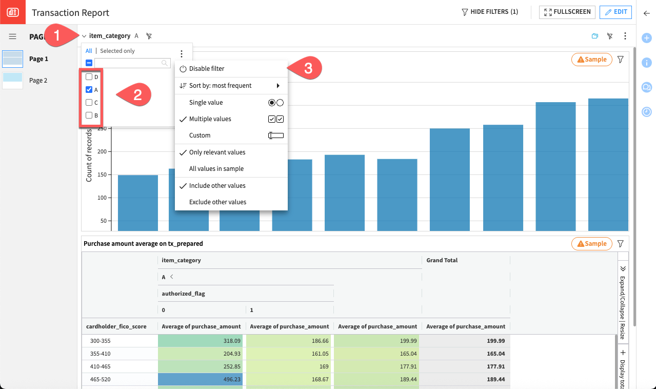 Dataiku screenshot of changing and disabling a filter.