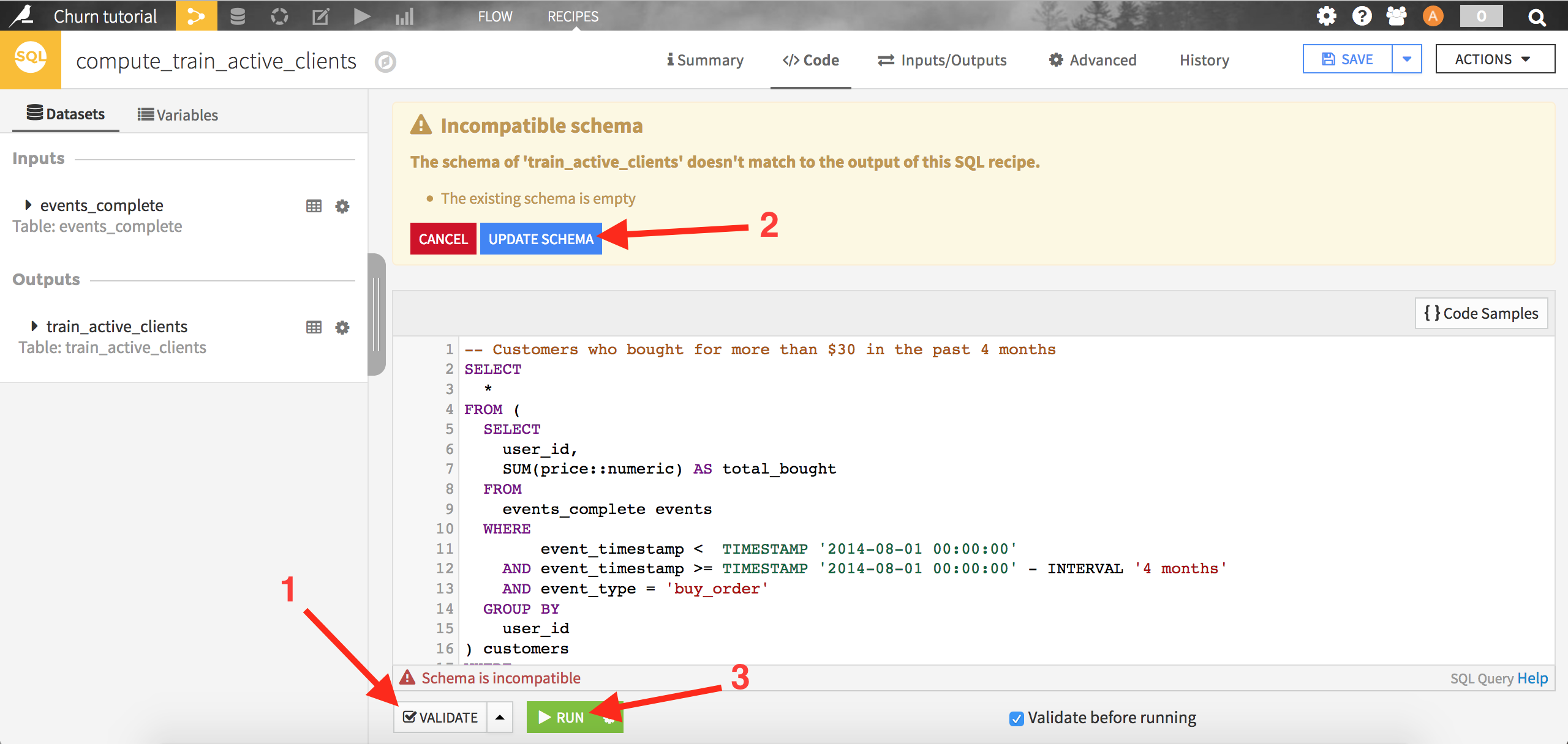 "Screenshot with arrows on: 1 validate, 2 update schema, 3 run"