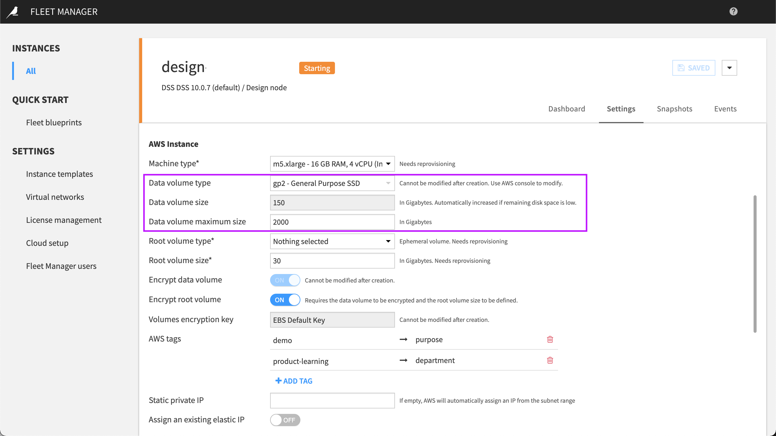 Fleet Manager Instance with disk volume settings.