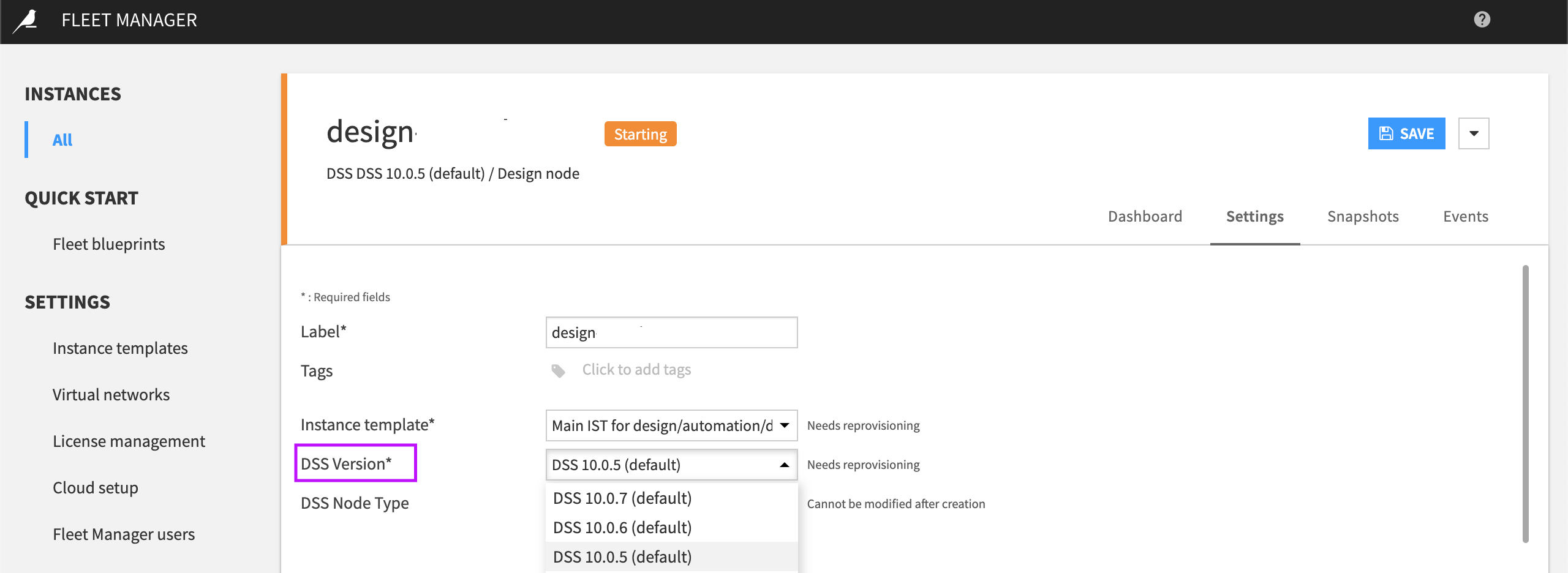 Fleet Manager Instance with version settings.