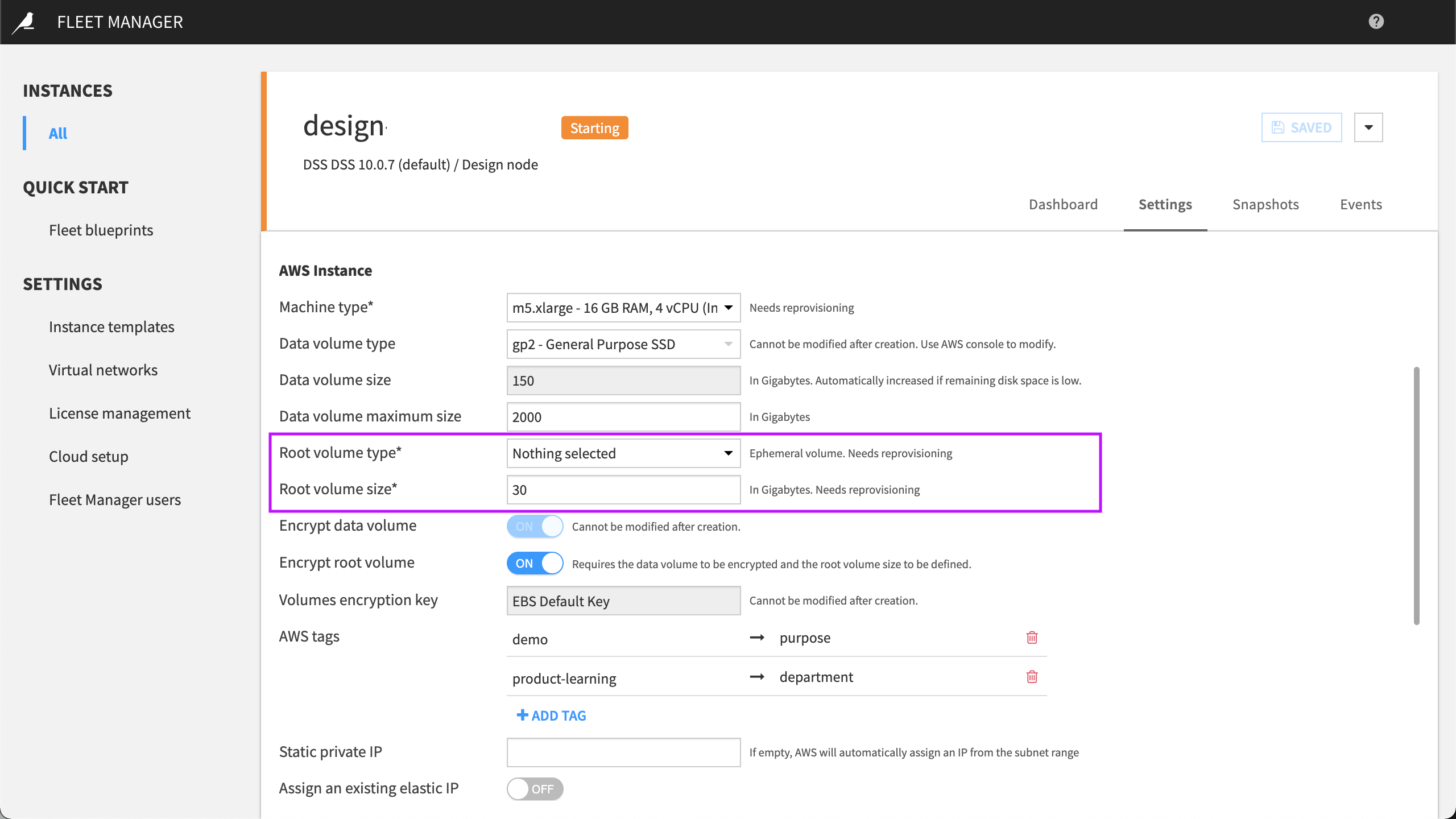 Fleet Manager Instance with root disk settings.