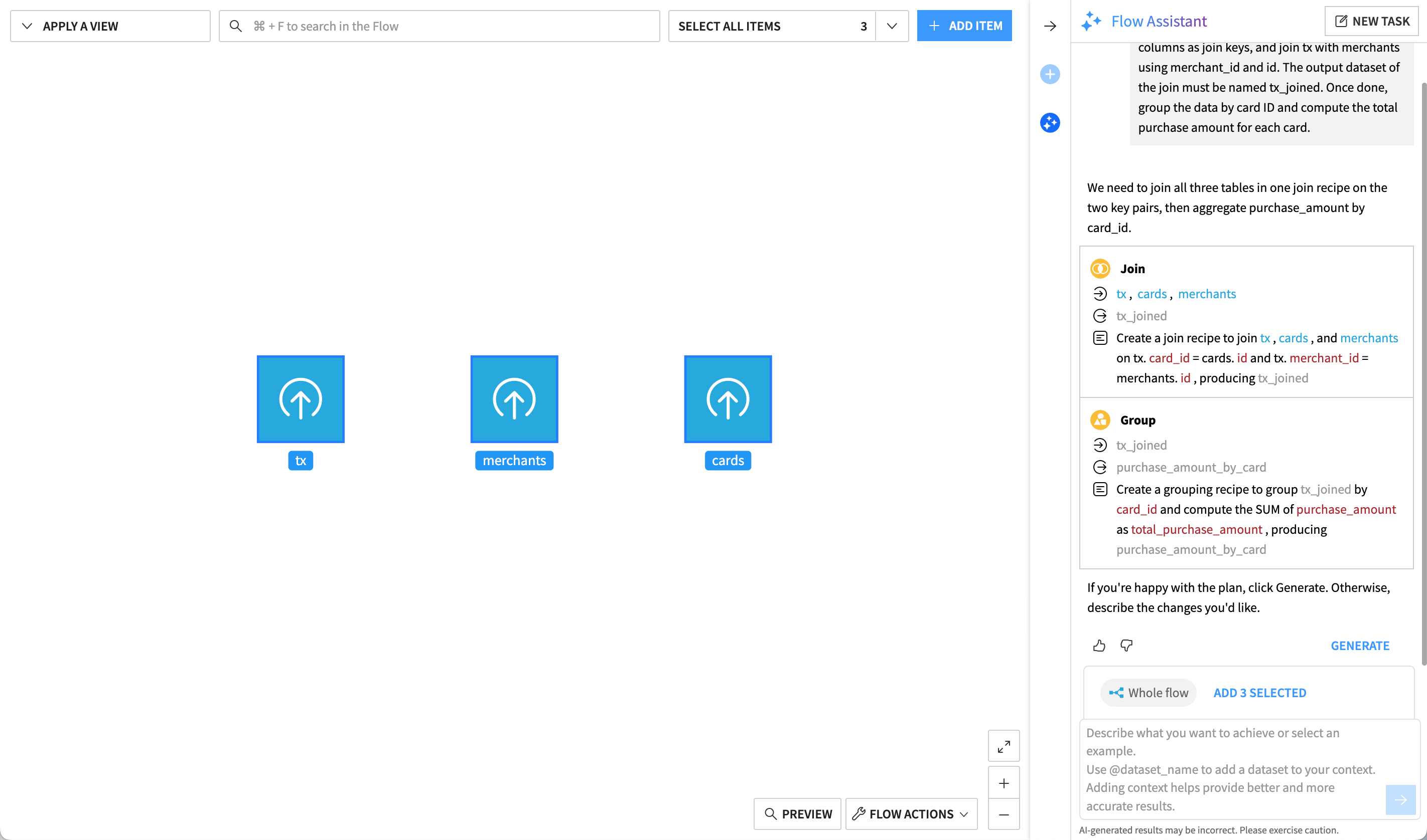 The Flow Assistant suggesting a plan before generation.
