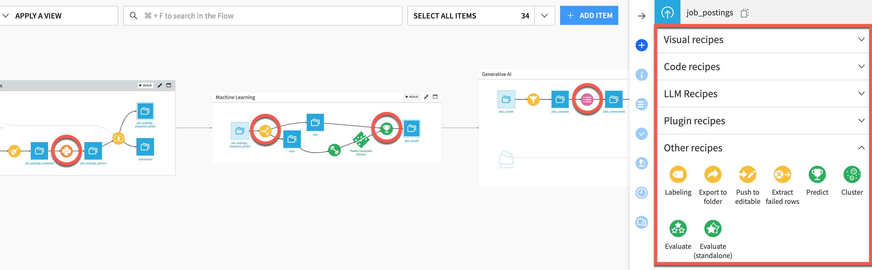 Screenshot of a project Flow in Dataiku.