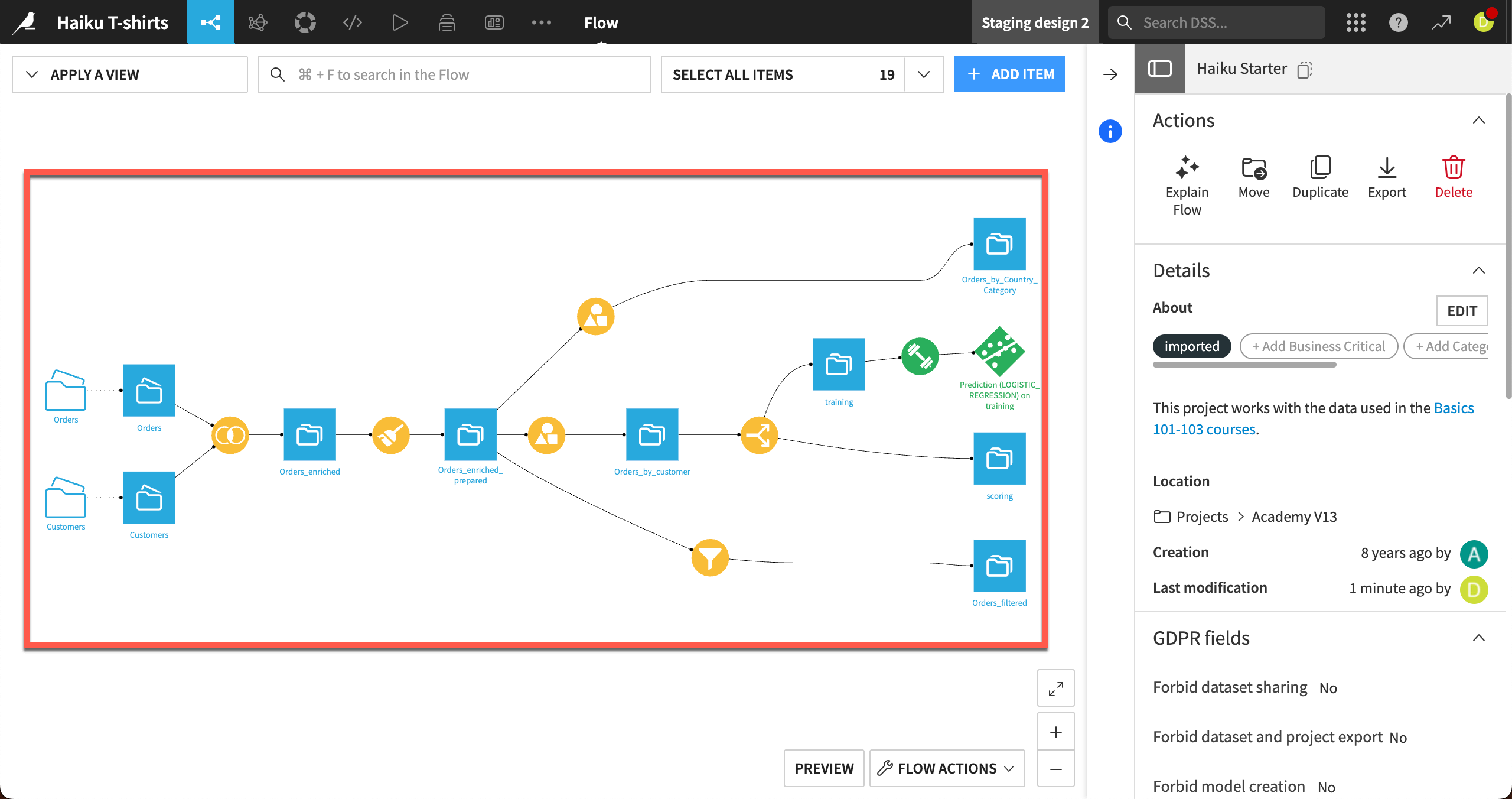 Screenshot of a Flow in Dataiku.
