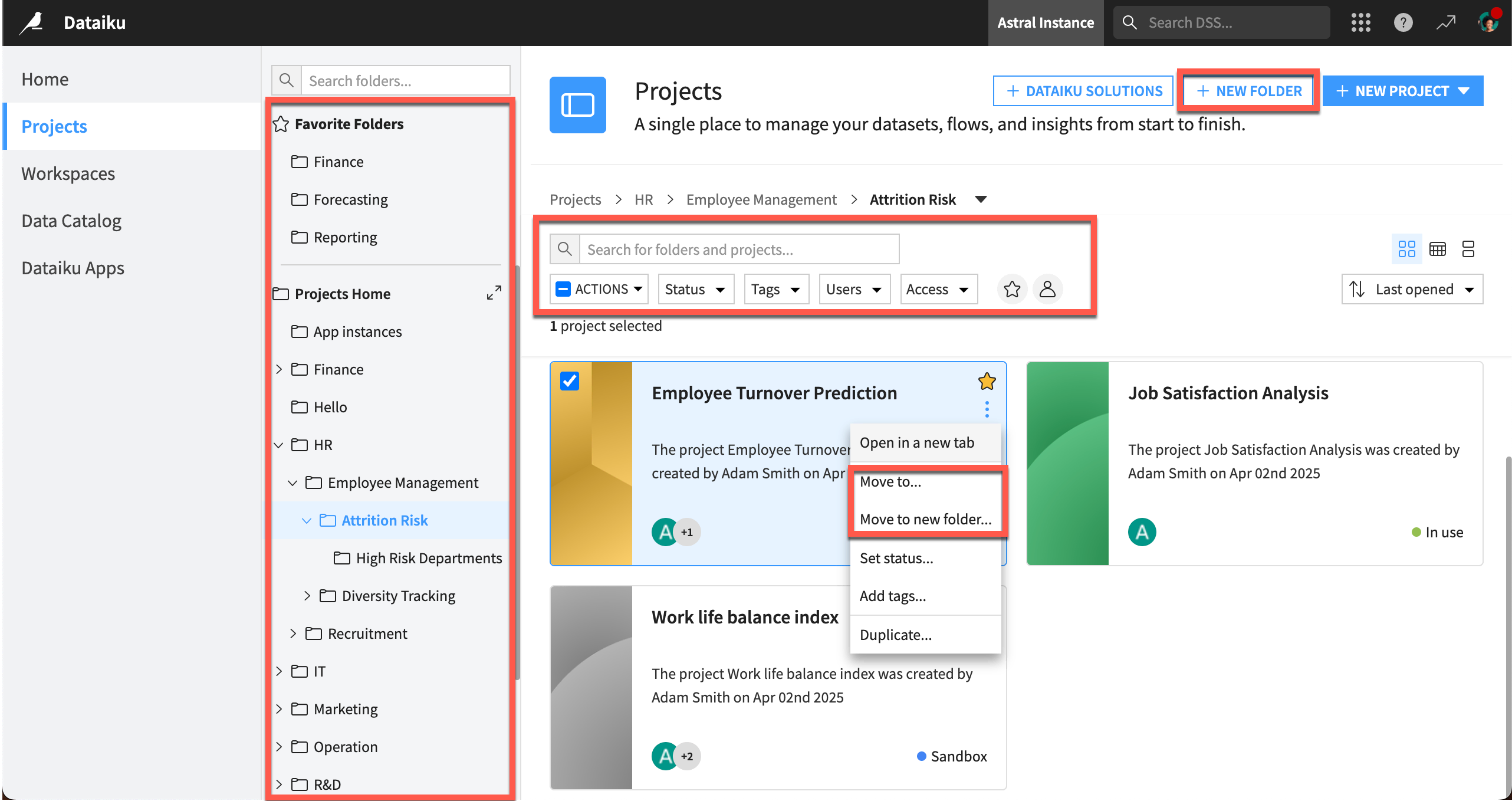 Screenshot of the Projects homepage showing actions with folders.