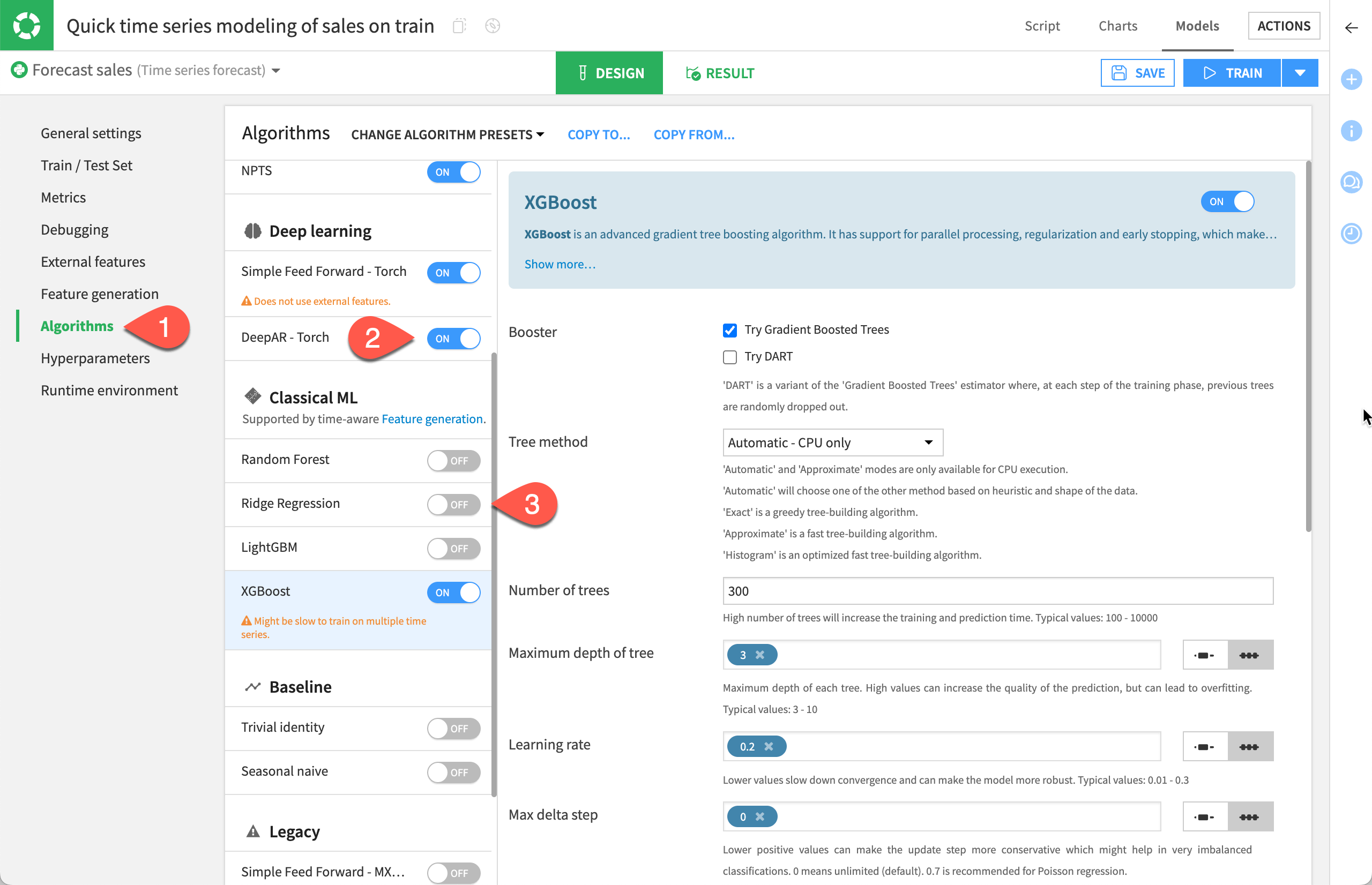 Dataiku screenshot of the algorithm settings of a time series model design.