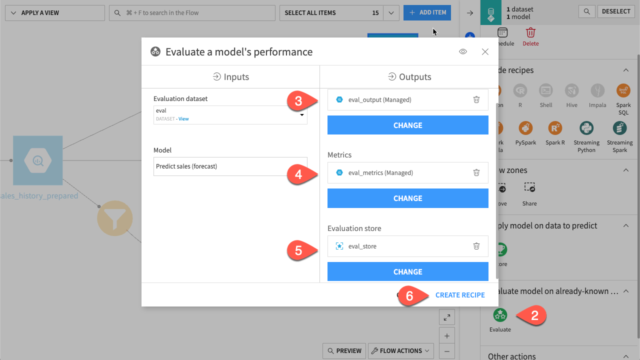 Dataiku screenshot of the dialog to create an Evaluate recipe.