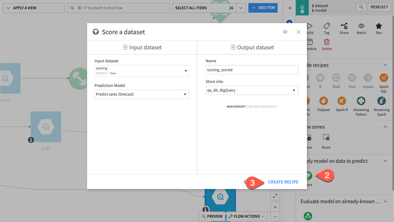 Dataiku screenshot of the dialog for a Score recipe.