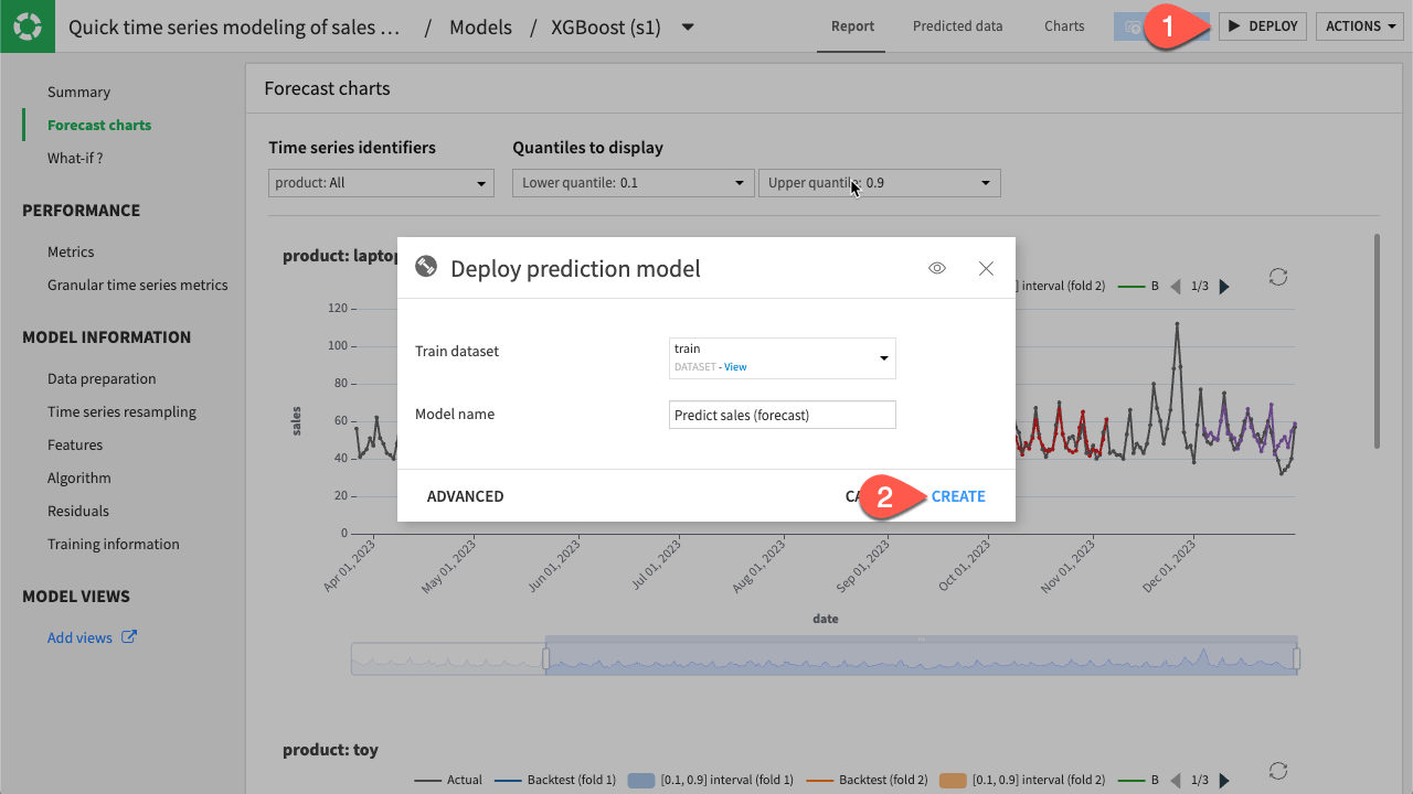 Dataiku screenshot of the dialog to deploy a prediction model.