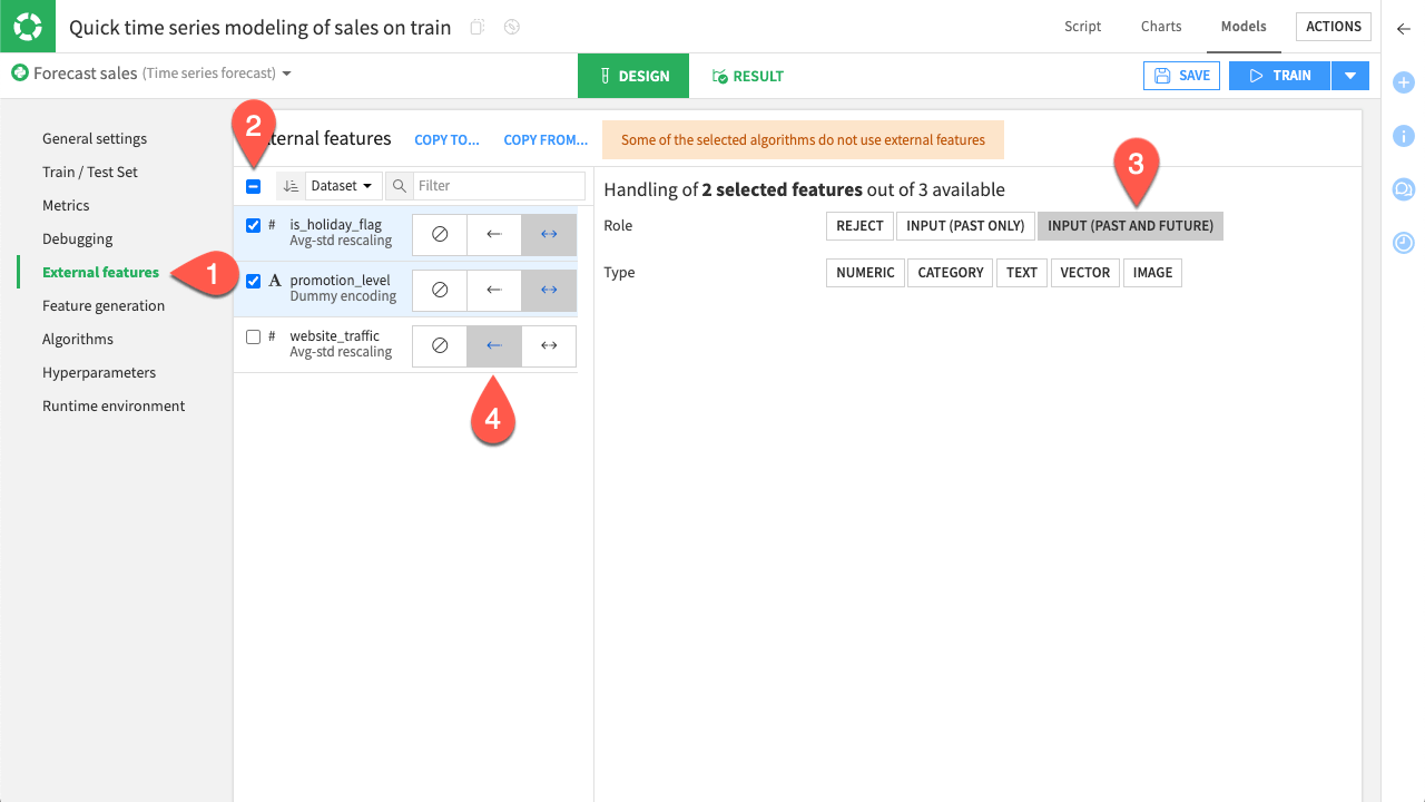 Dataiku screenshot of the external feature settings of a time series model design.