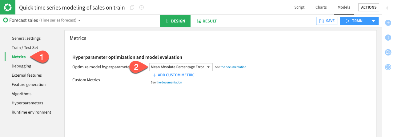 Dataiku screenshot of the metrics settings of a time series model design.