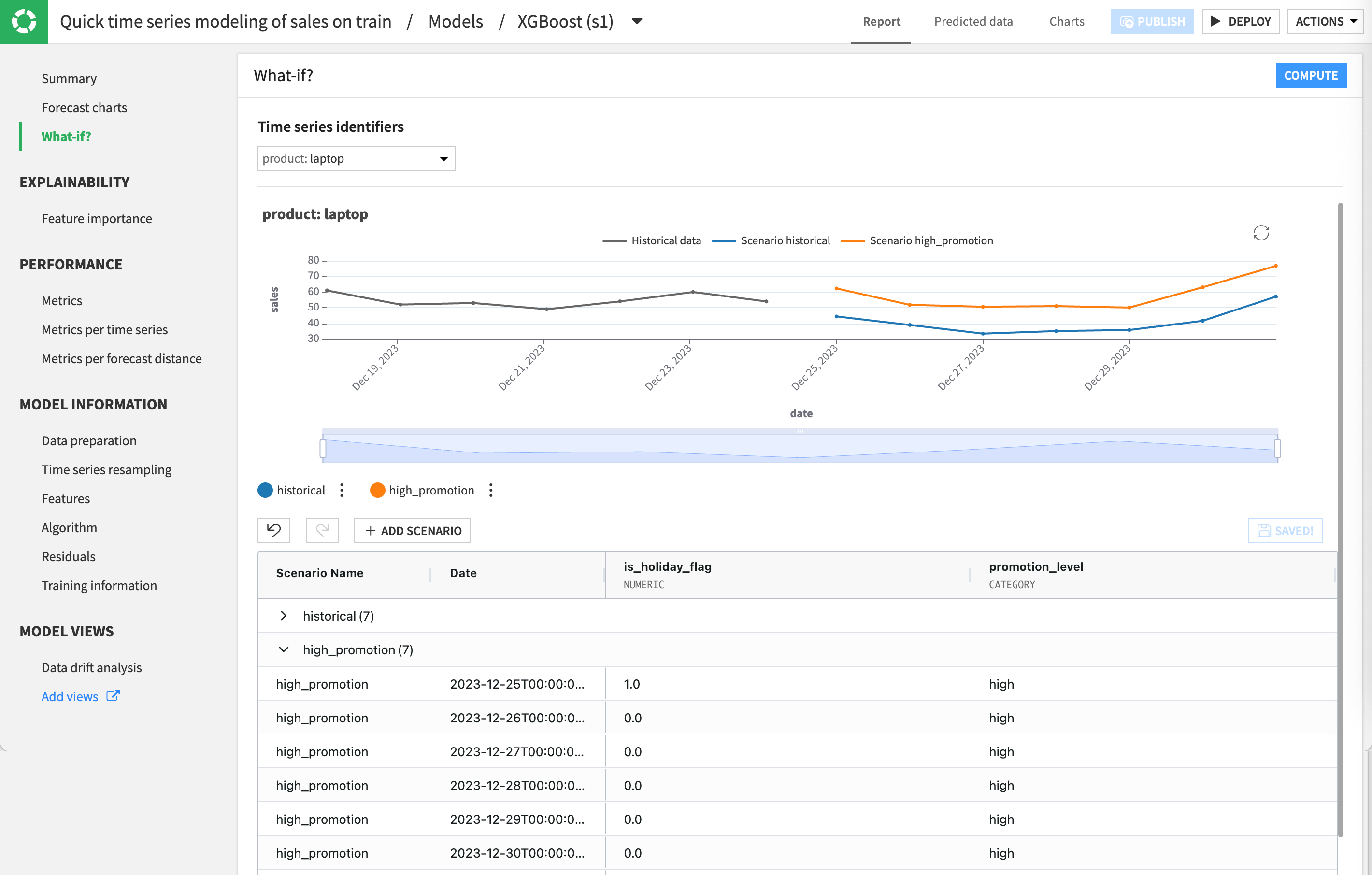 Dataiku screenshot of a different scenarios compared.