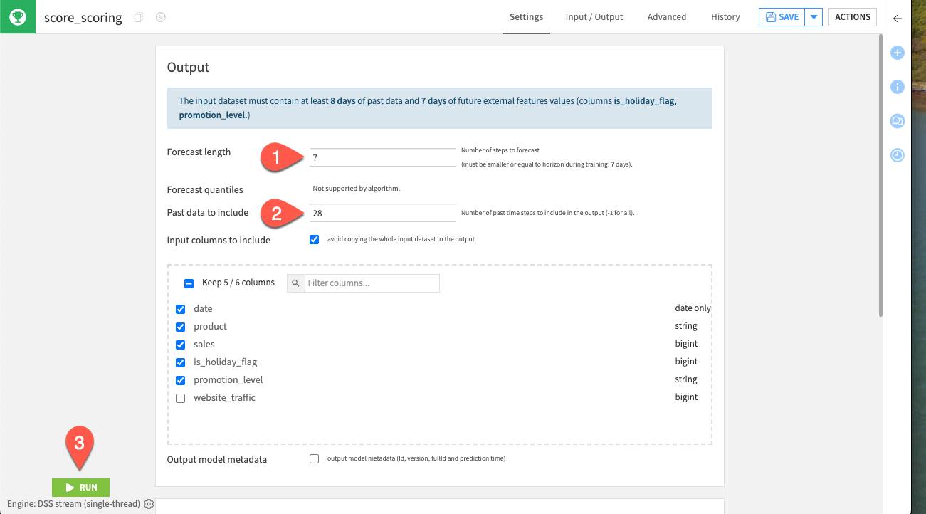 Dataiku screenshot of the settings tab of a Score recipe.