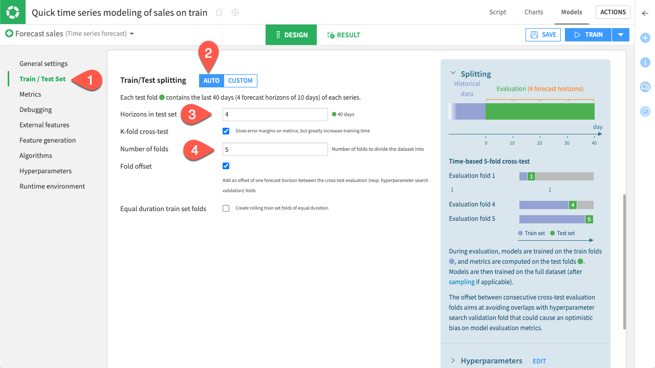 Dataiku screenshot of the train and test set settings of a time series model design.