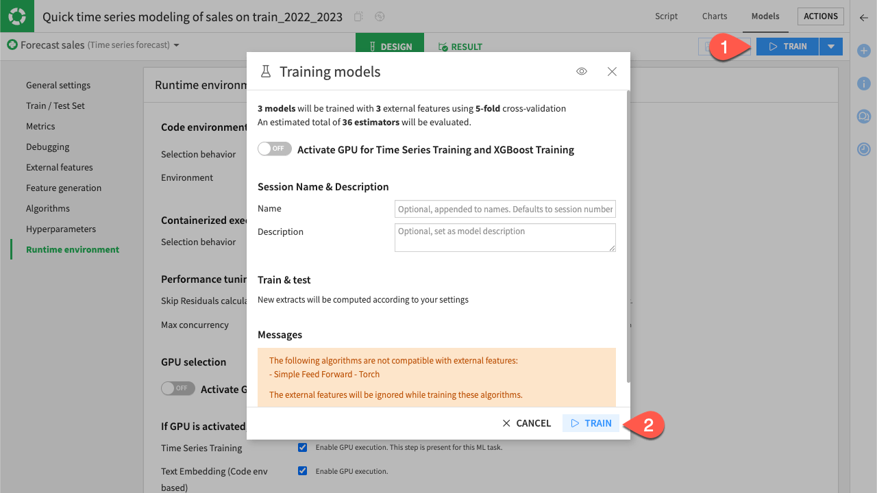 Dataiku screenshot of the dialog to train a time series forecasting model.