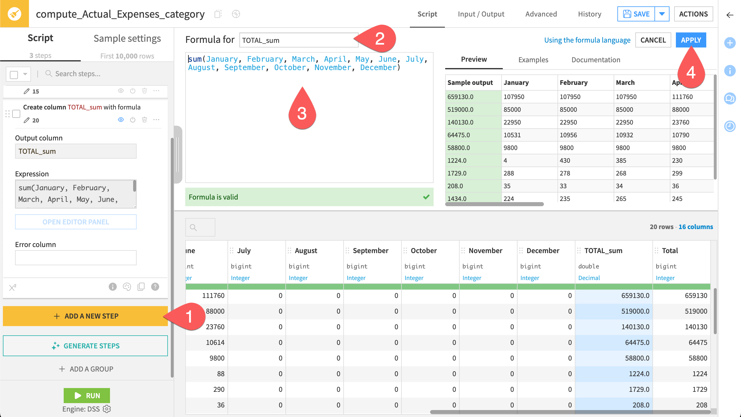 Dataiku screenshot showing the processor "Formula".
