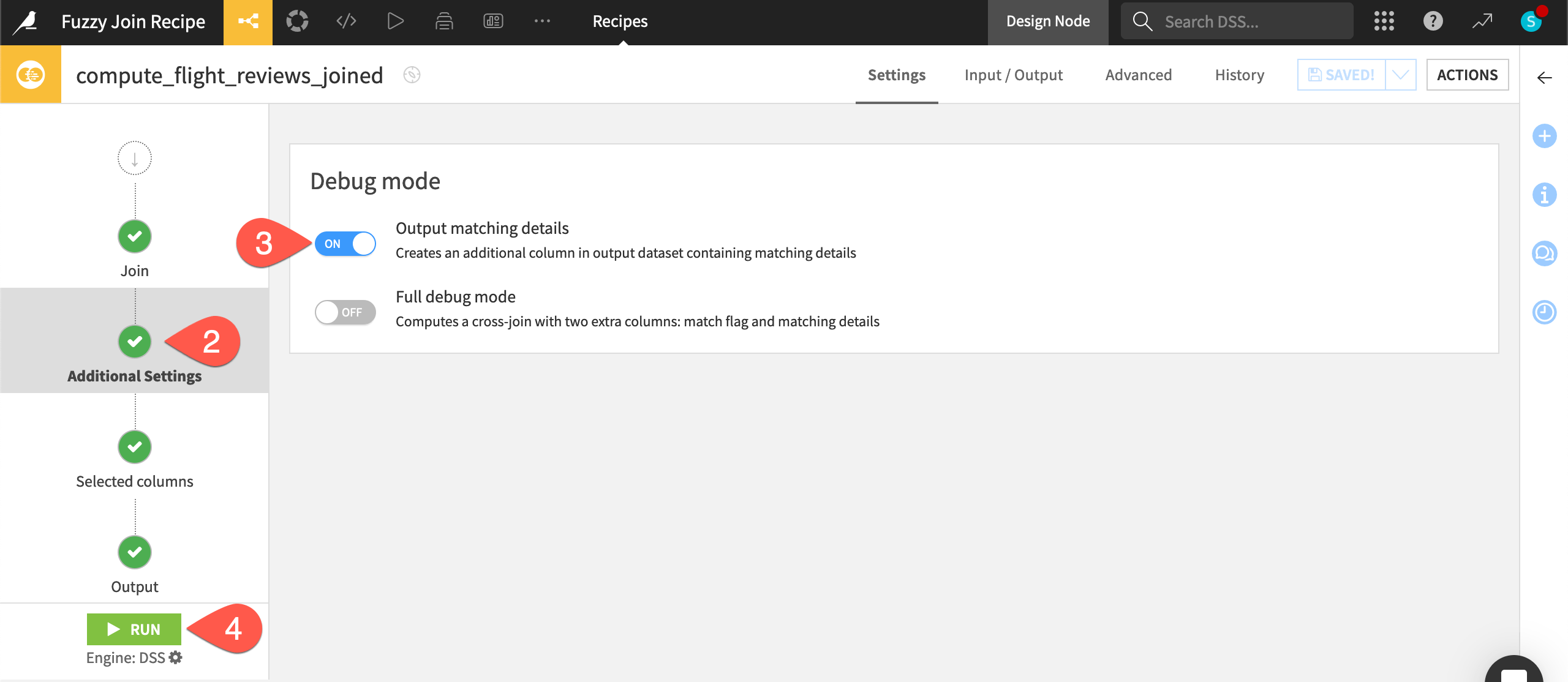 Dataiku screenshot of the Additional Settings step of a Fuzzy join recipe.