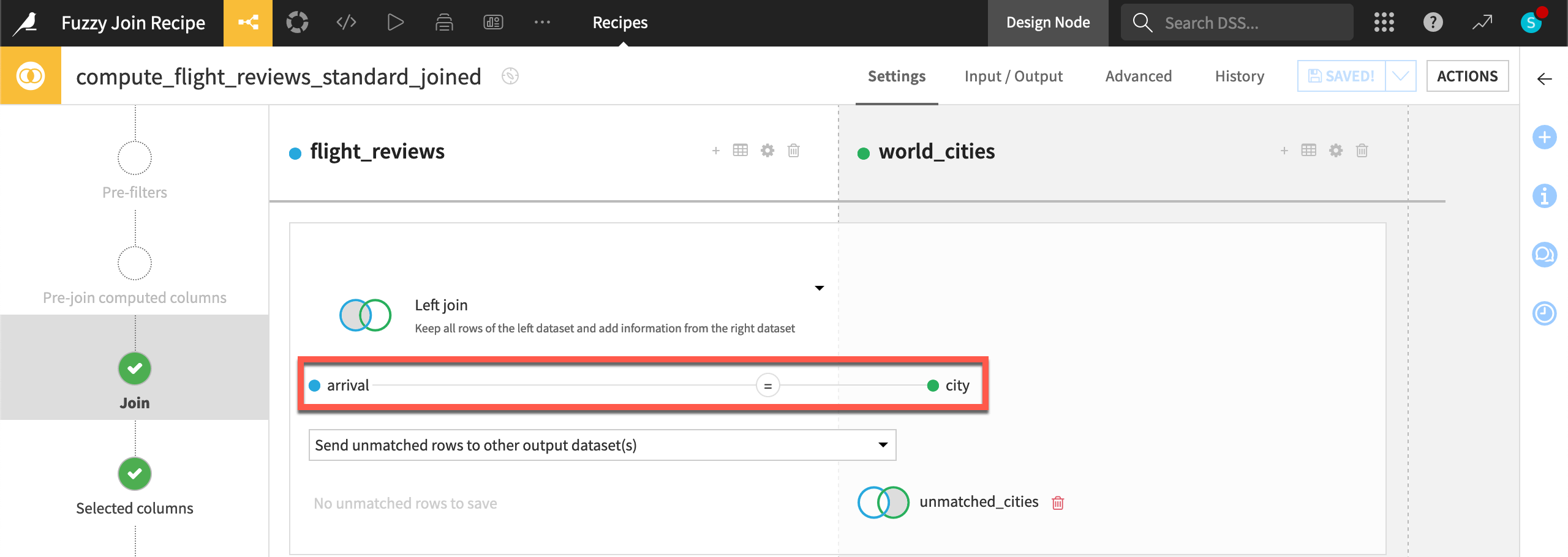 Dataiku screenshot of the Join condition of a Join recipe.