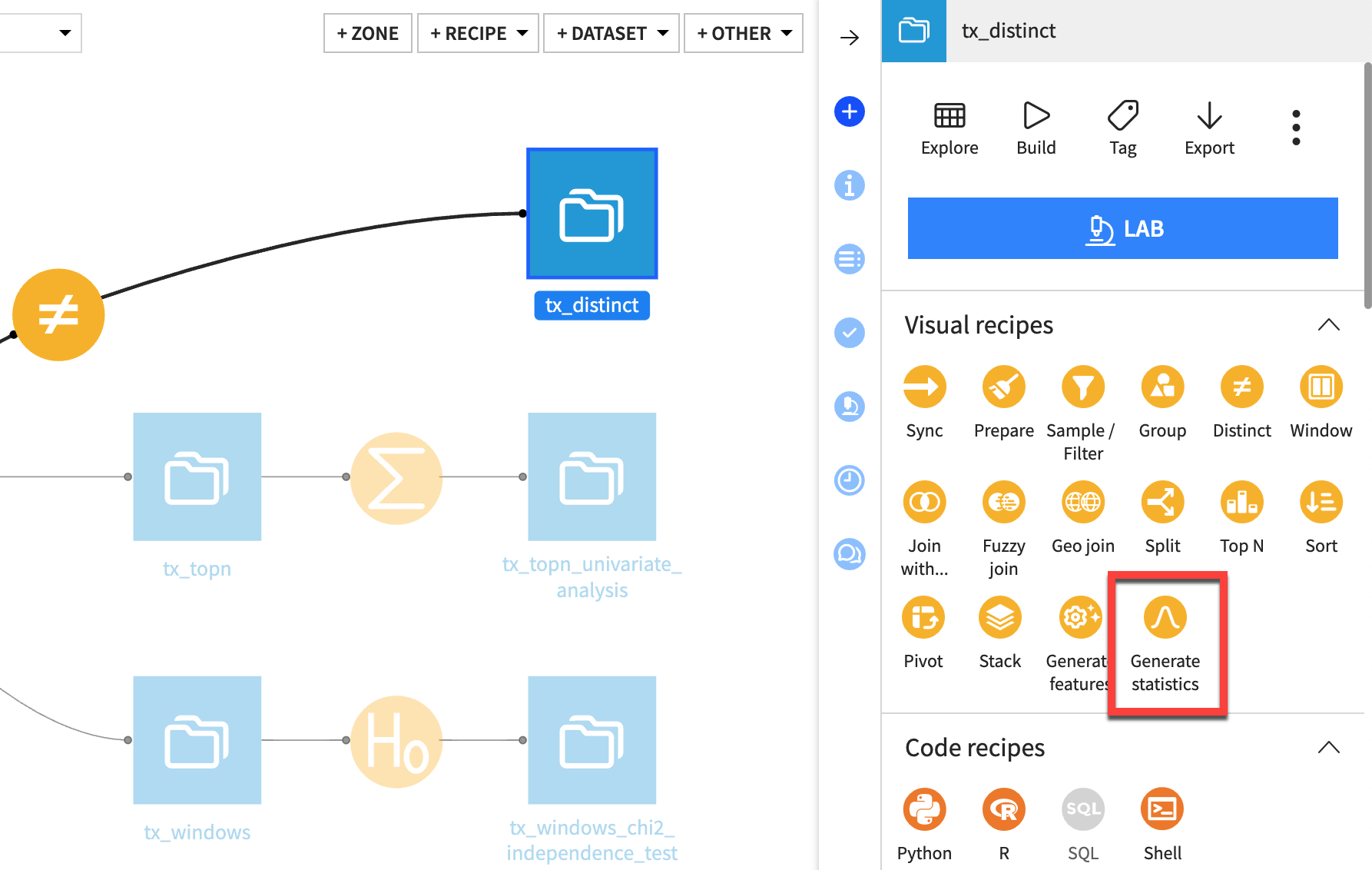 Dataiku screenshot highlighting the Generate statistics icon in the right panel of the Flow.