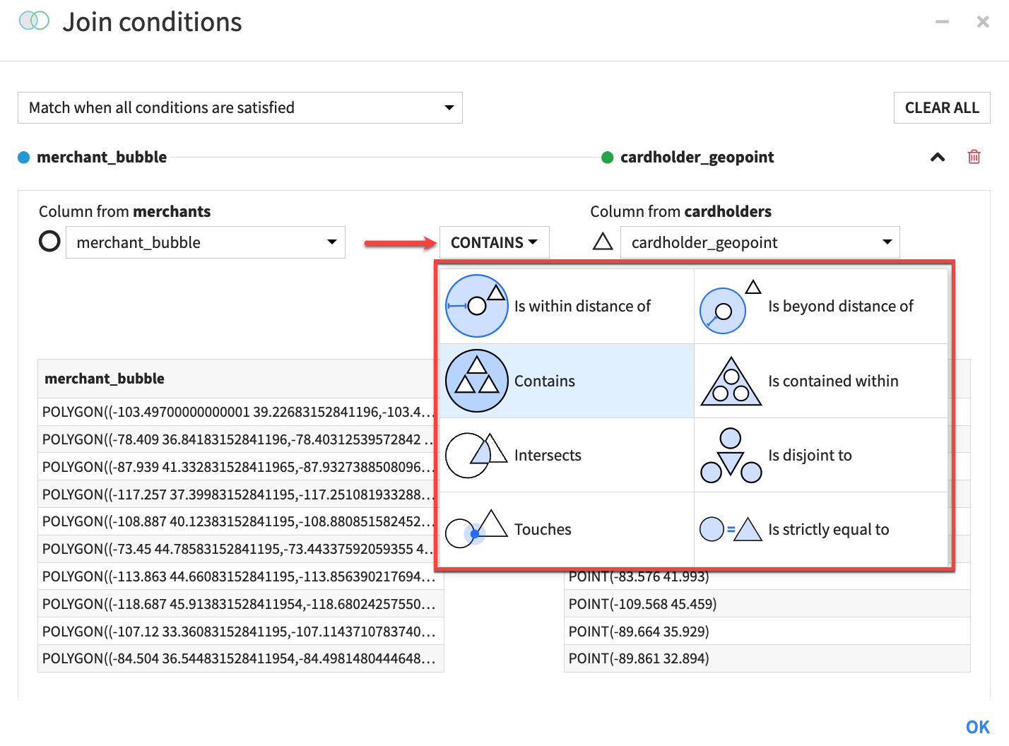 A Dataiku screenshot of the Geo join settings window.