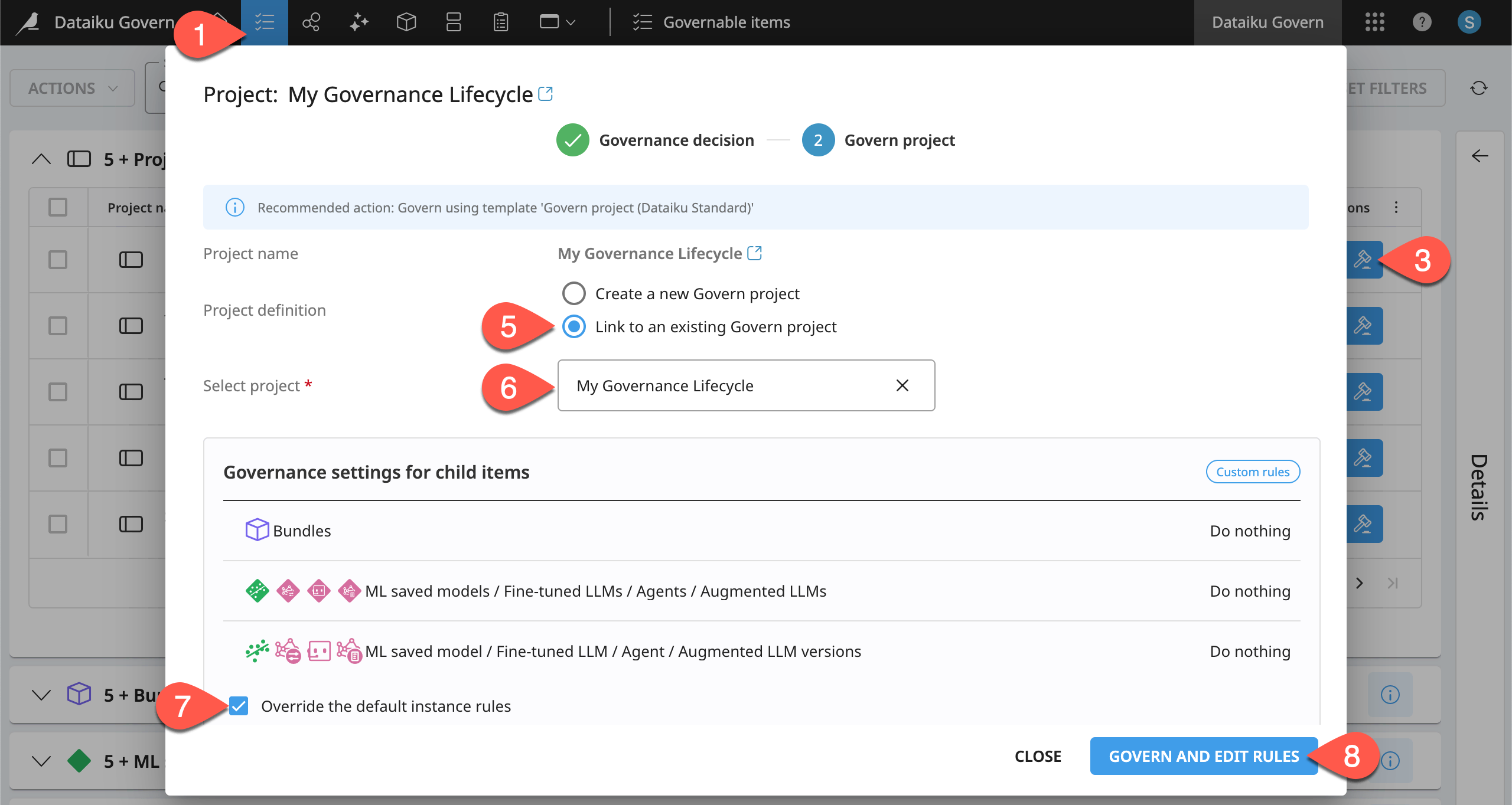 Dataiku screenshot of the dialog for governing an existing project.