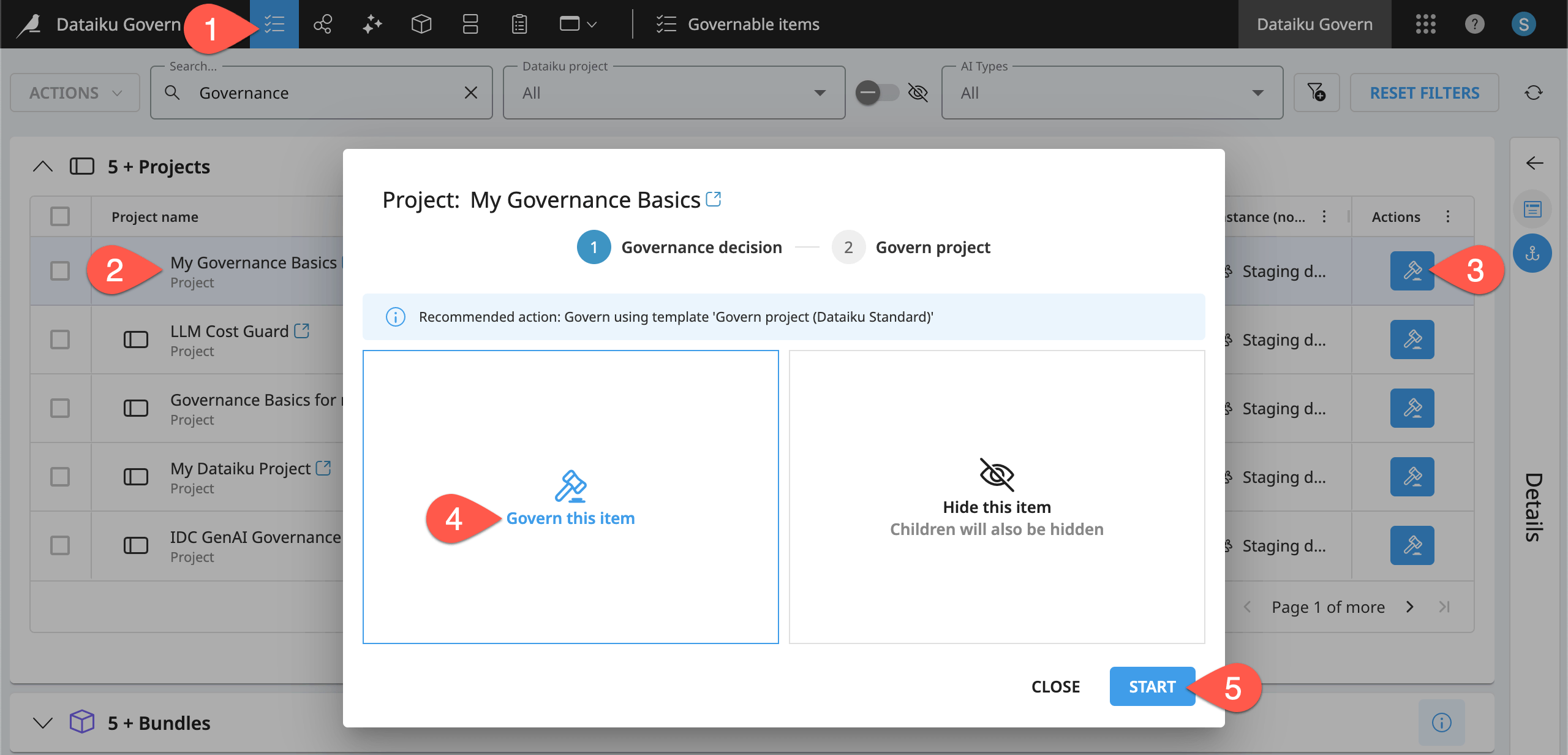 Dataiku screenshot of the modal for governing a project.