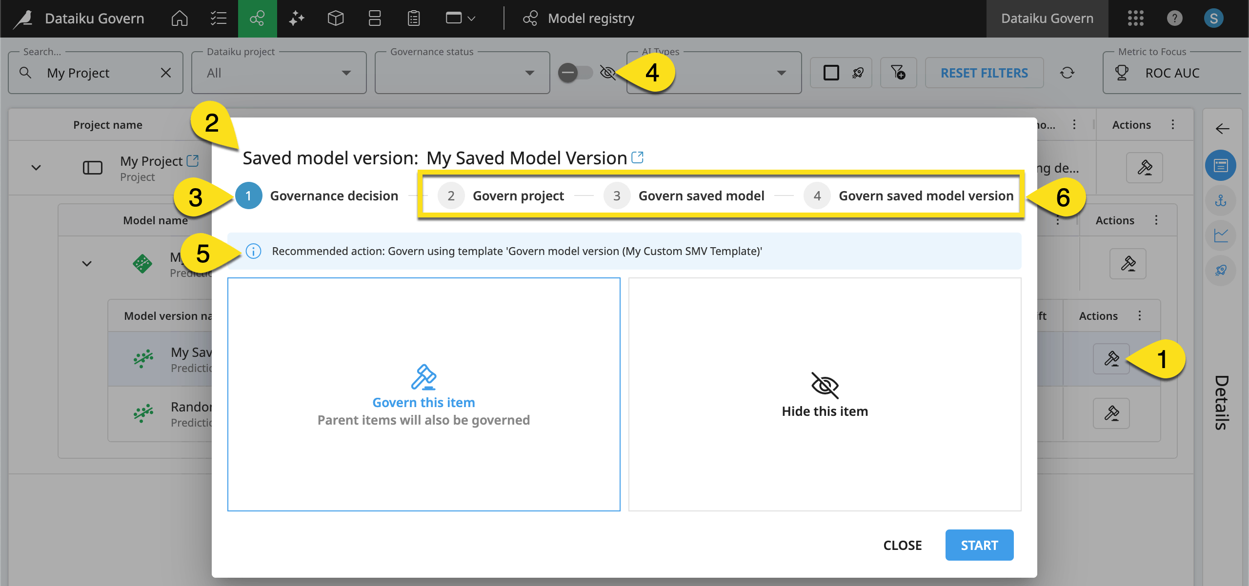 Dataiku screenshot of the first modal when governing an item.