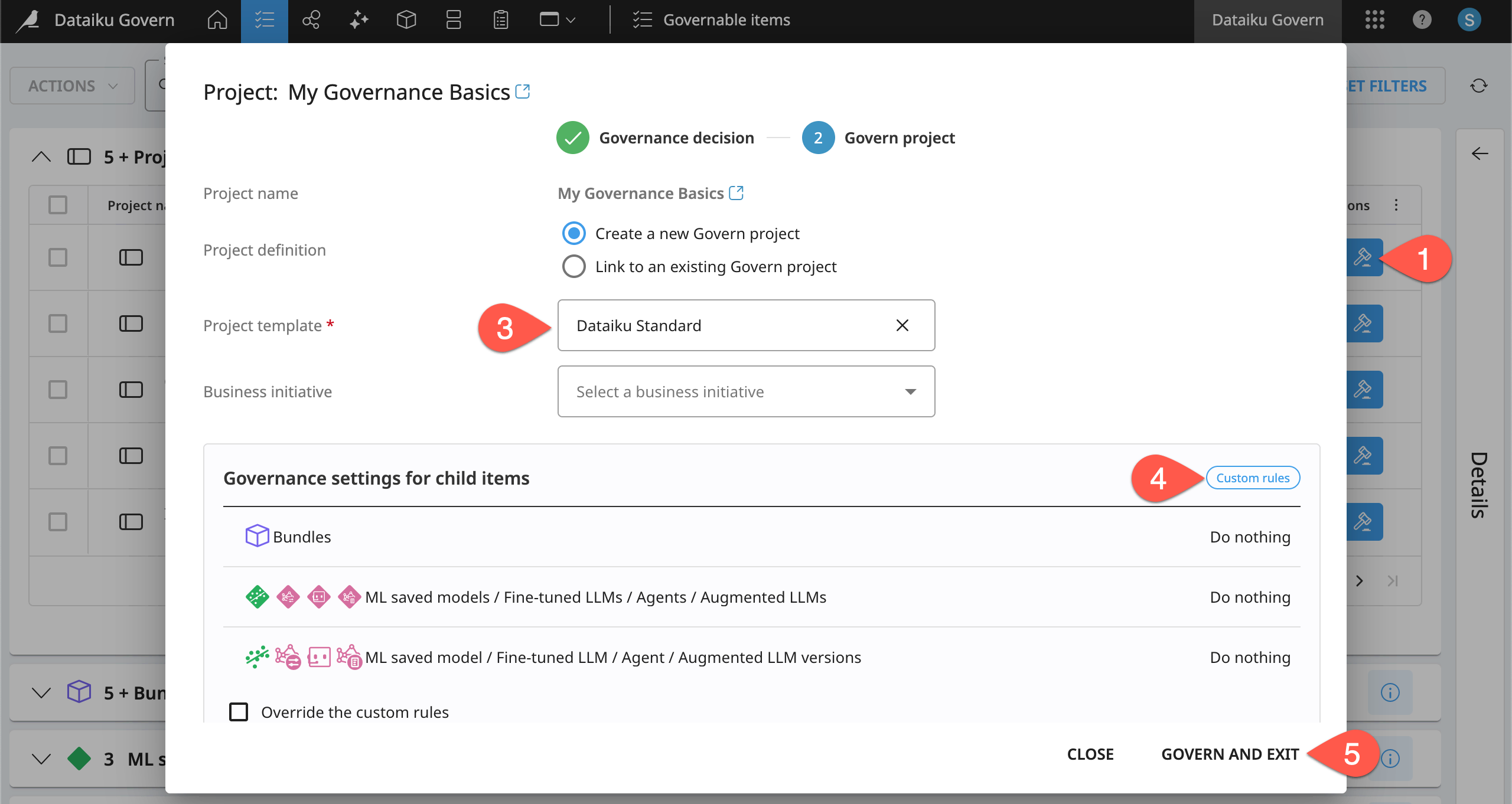 Dataiku screenshot of a governance modal showing custom rules.