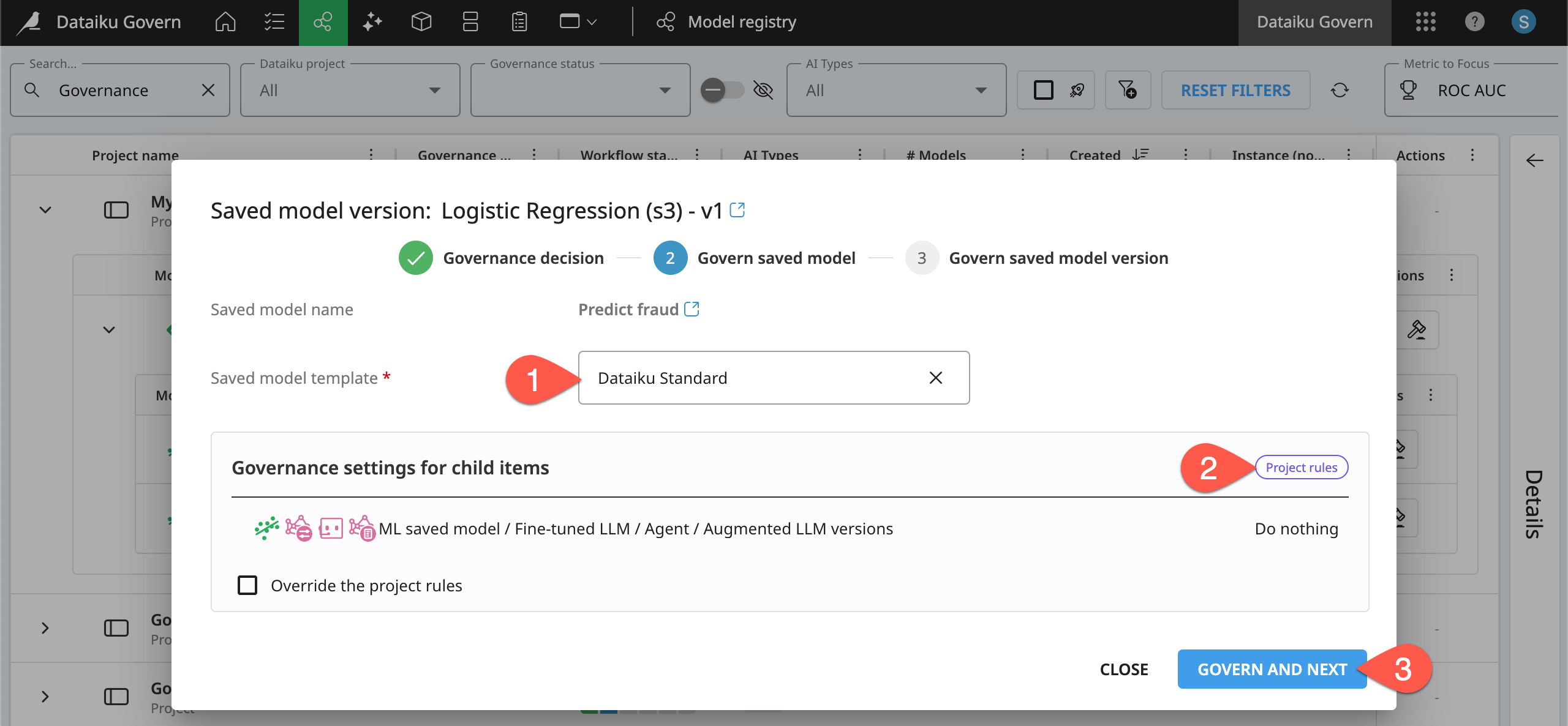 Dataiku screenshot of a modal to govern a saved model according to project rules.
