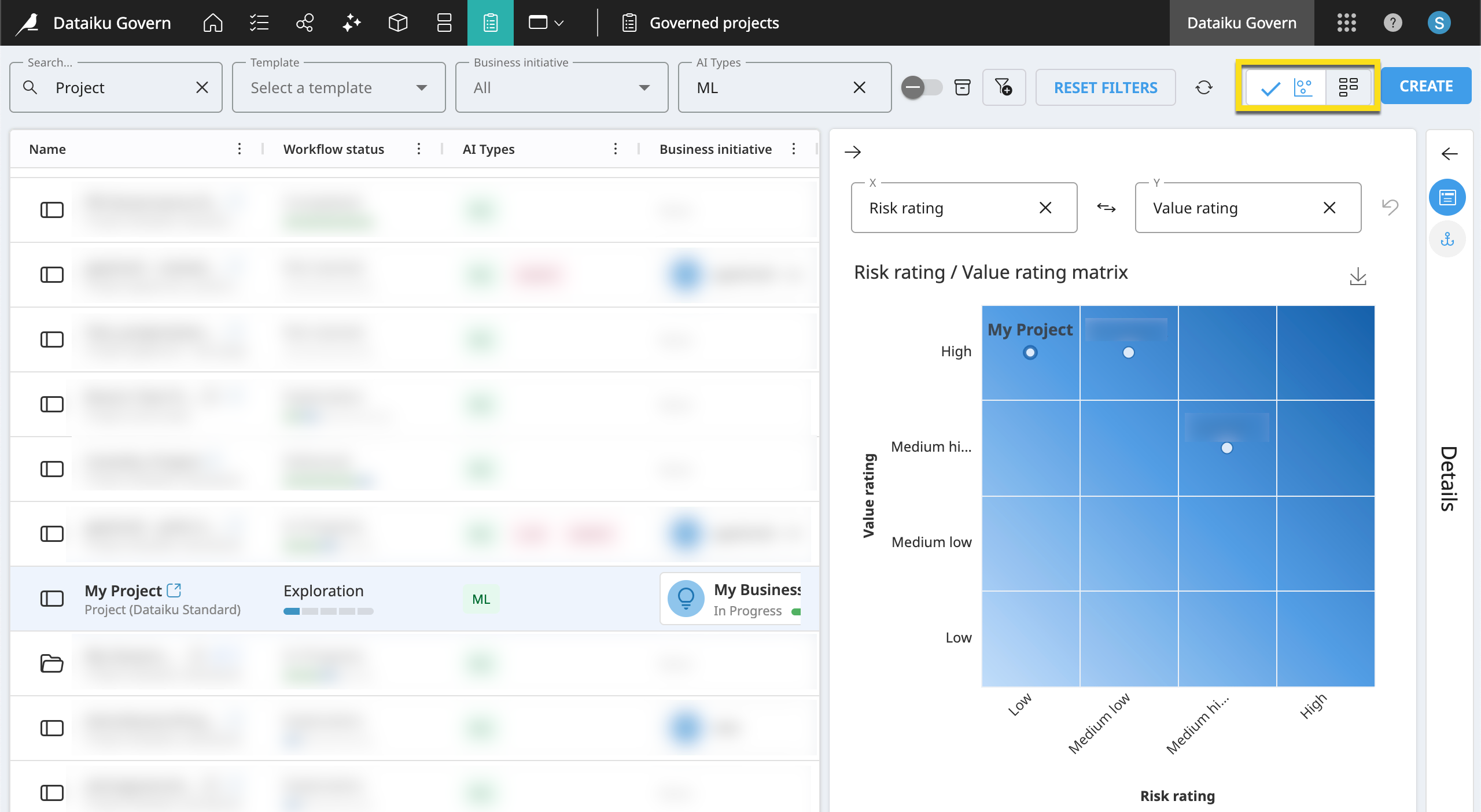 Dataiku screenshot of the matrix view of the Governed projects page.