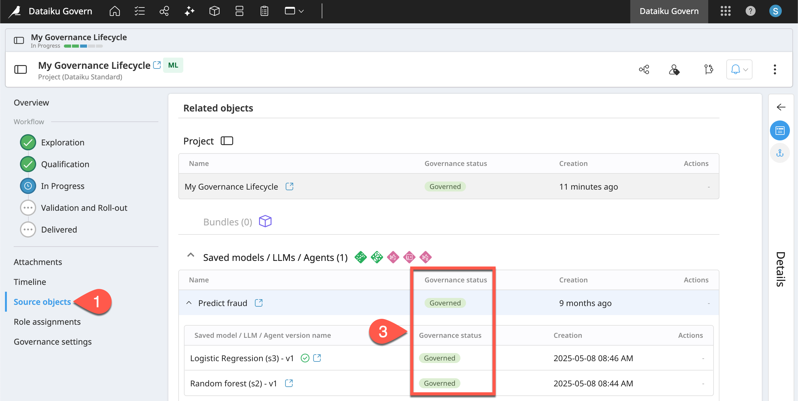 Dataiku screenshot of the Source Objects panel of a governed project.