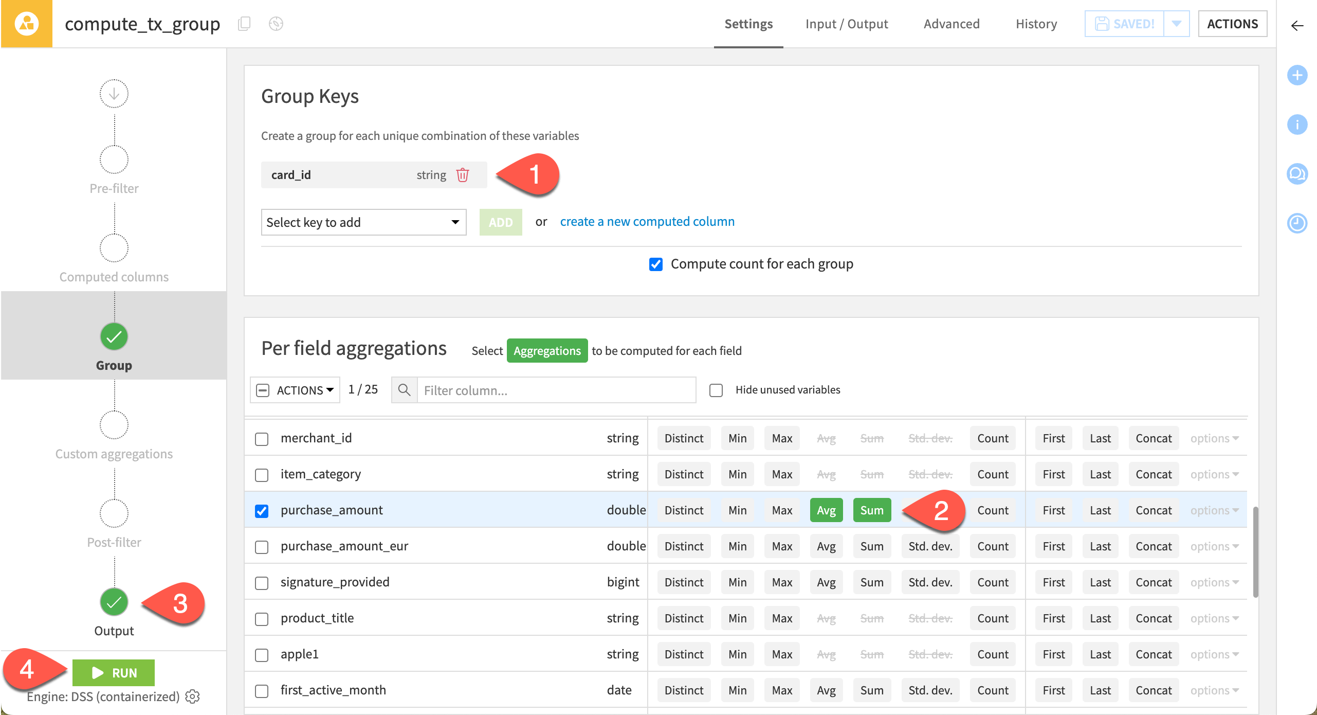 Dataiku screenshot of the configuration of a Group recipe.
