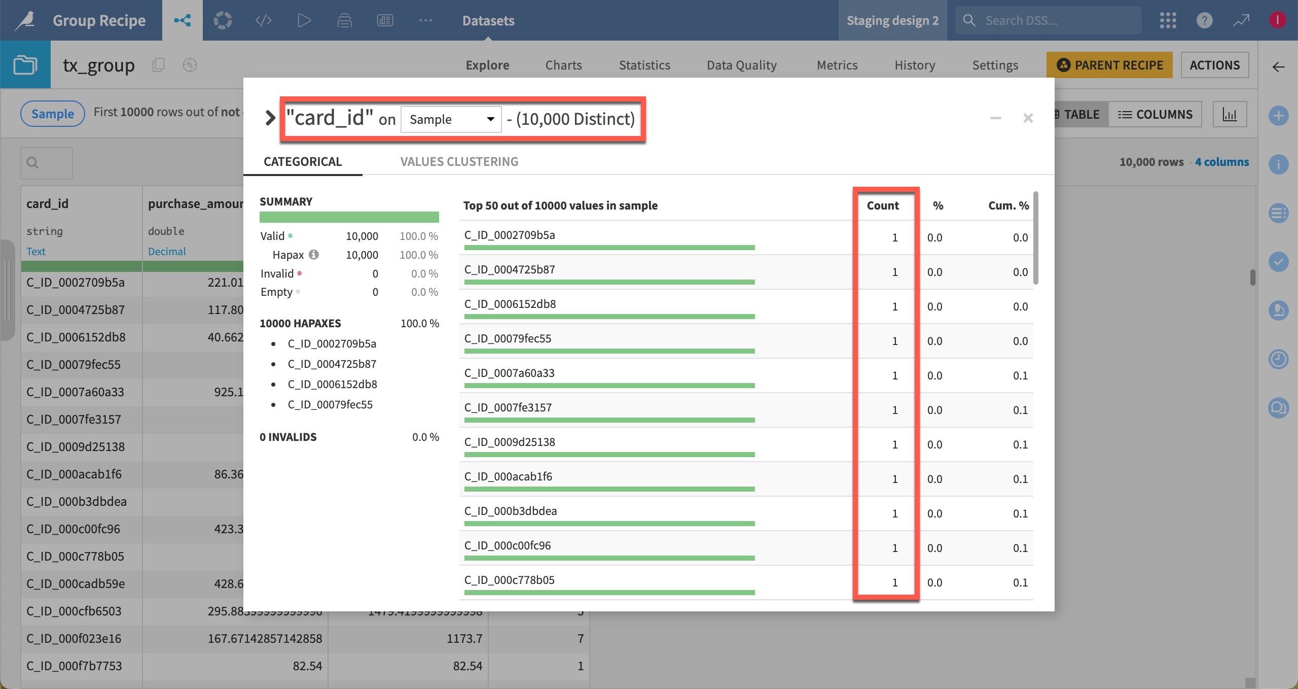Exploring a column of the output dataset using the Analyze tool.