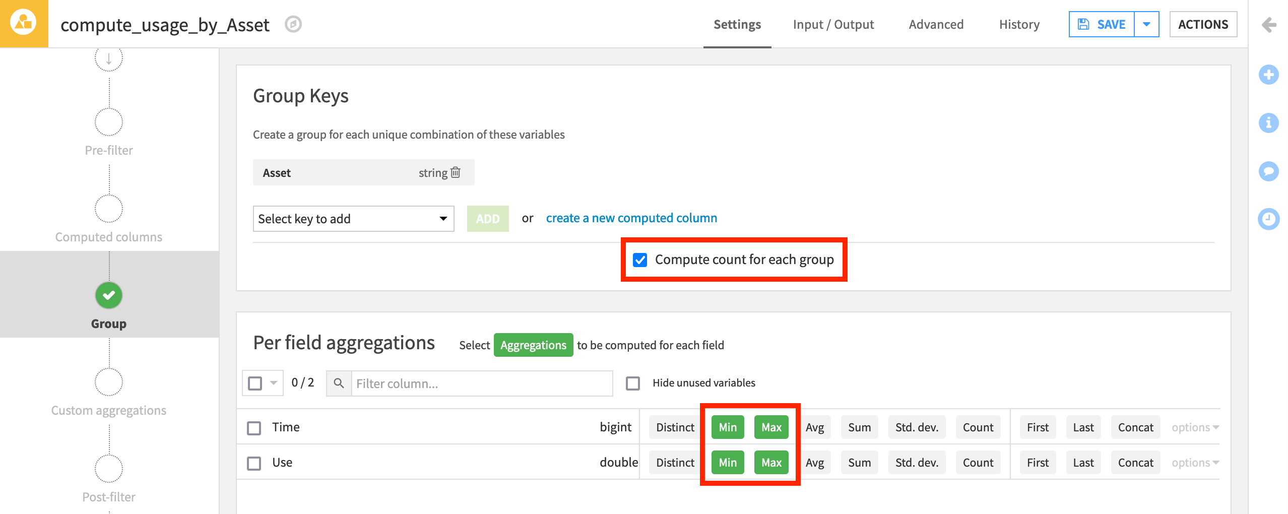Dataiku screenshot of the Group step of a Group recipe.