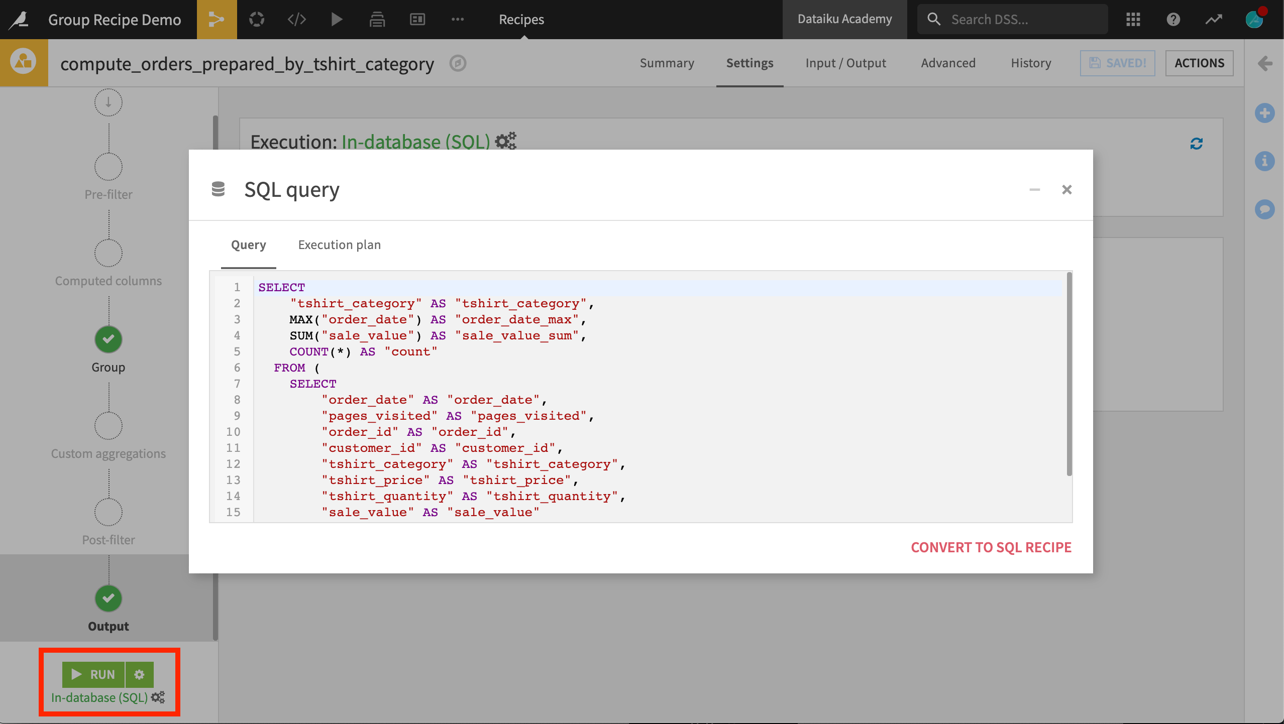 Screenshot of the SQL query in the Group recipe.