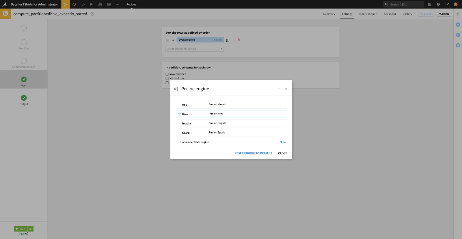 Running a recipe on the Hive engine.