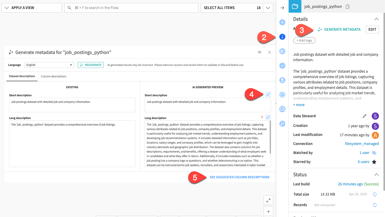 Dataiku screenshot of the AI assistant generating the metadata of a dataset.
