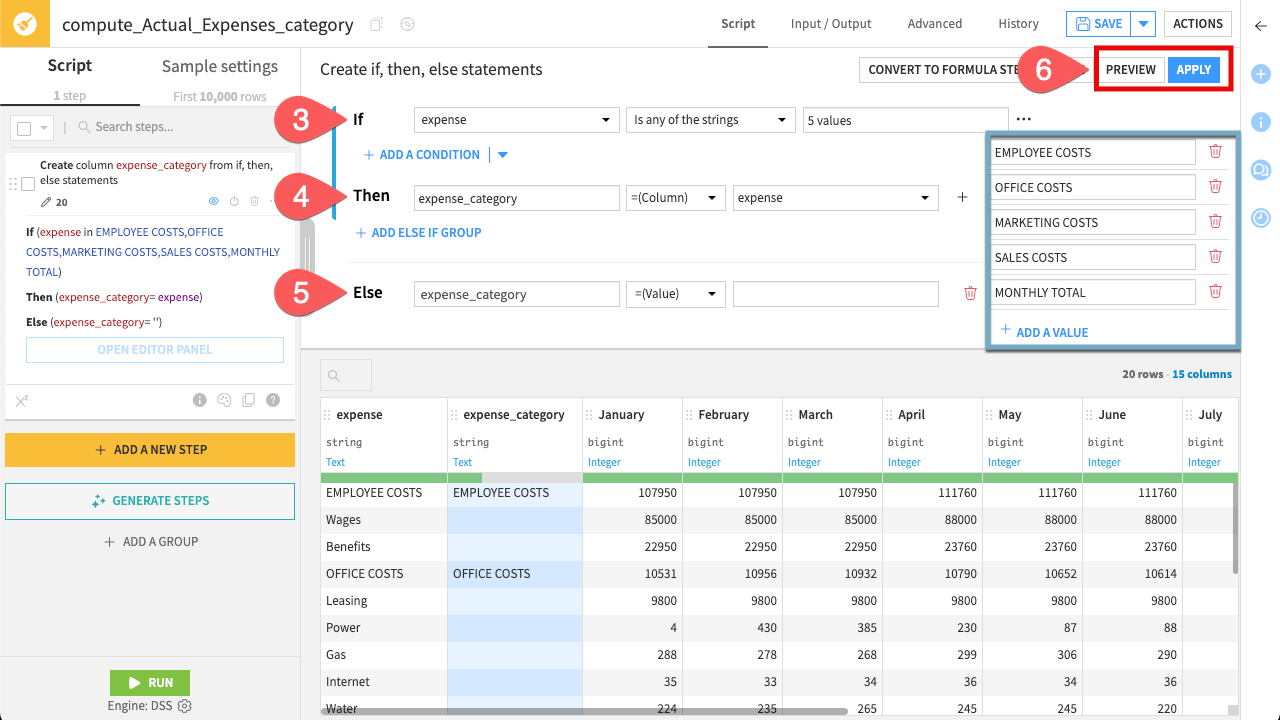 Dataiku screenshot showing the processor "Create if, then, else statements".