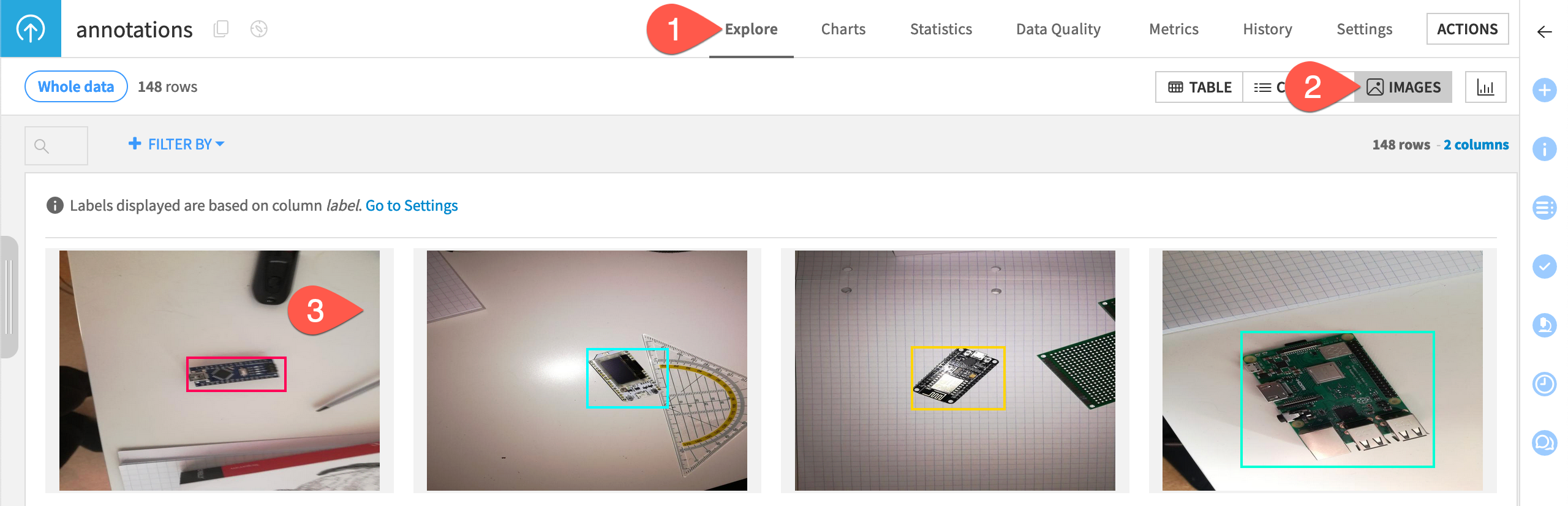 You can see images and object bounding boxes in the dataset image view.