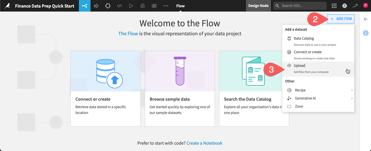 Dataiku screenshot showing how to import data in Dataiku.