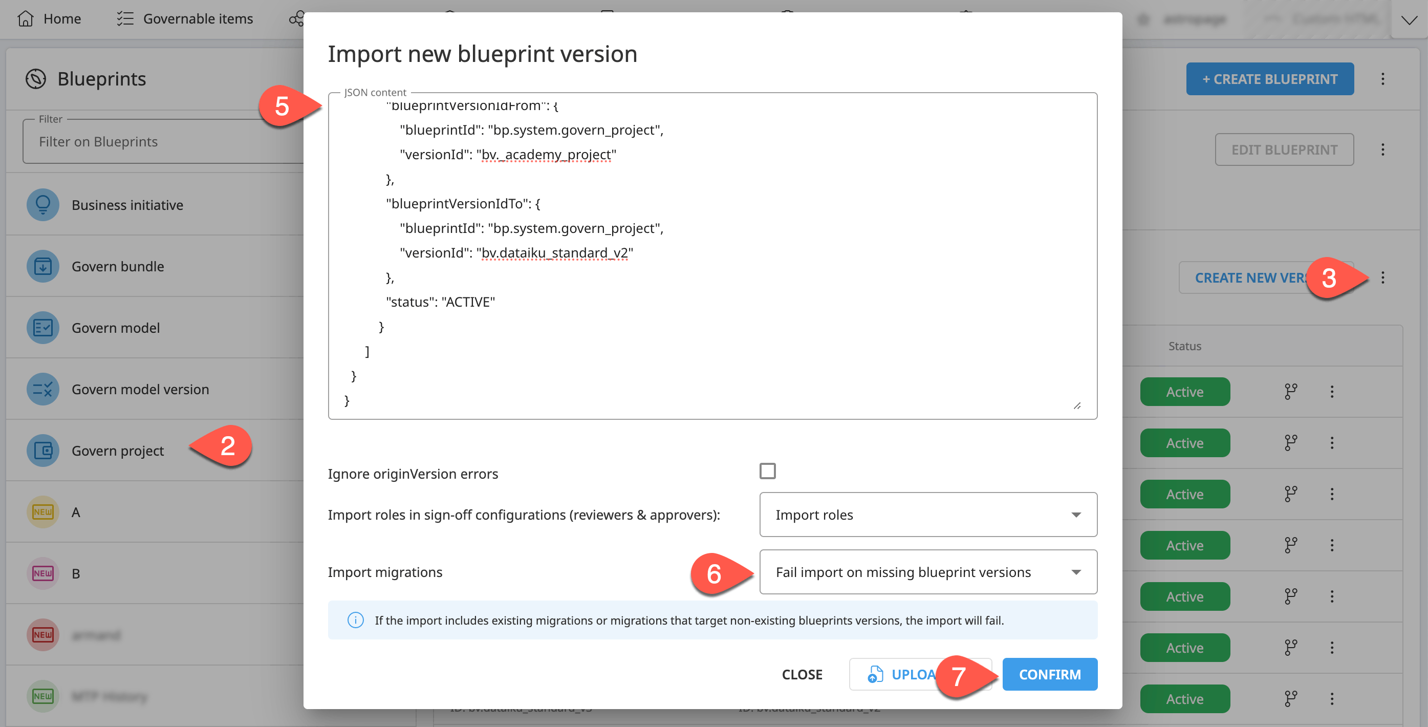 A Dataiku screenshot of the import new blueprint version window.