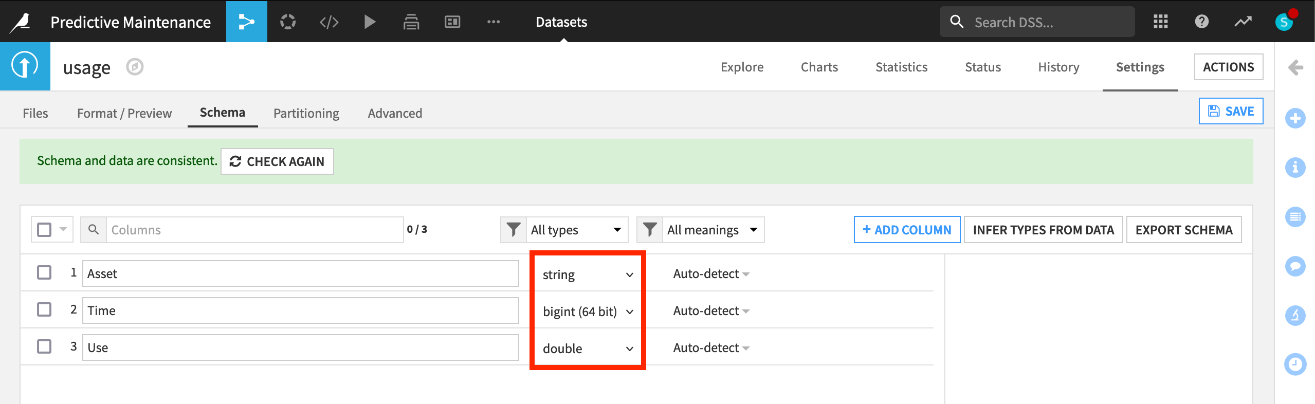 Dataiku screenshot of the Schema tab of a dataset.