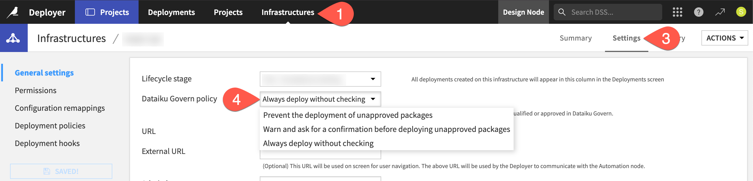 Dataiku screenshot of the general settings of an infrastructure.