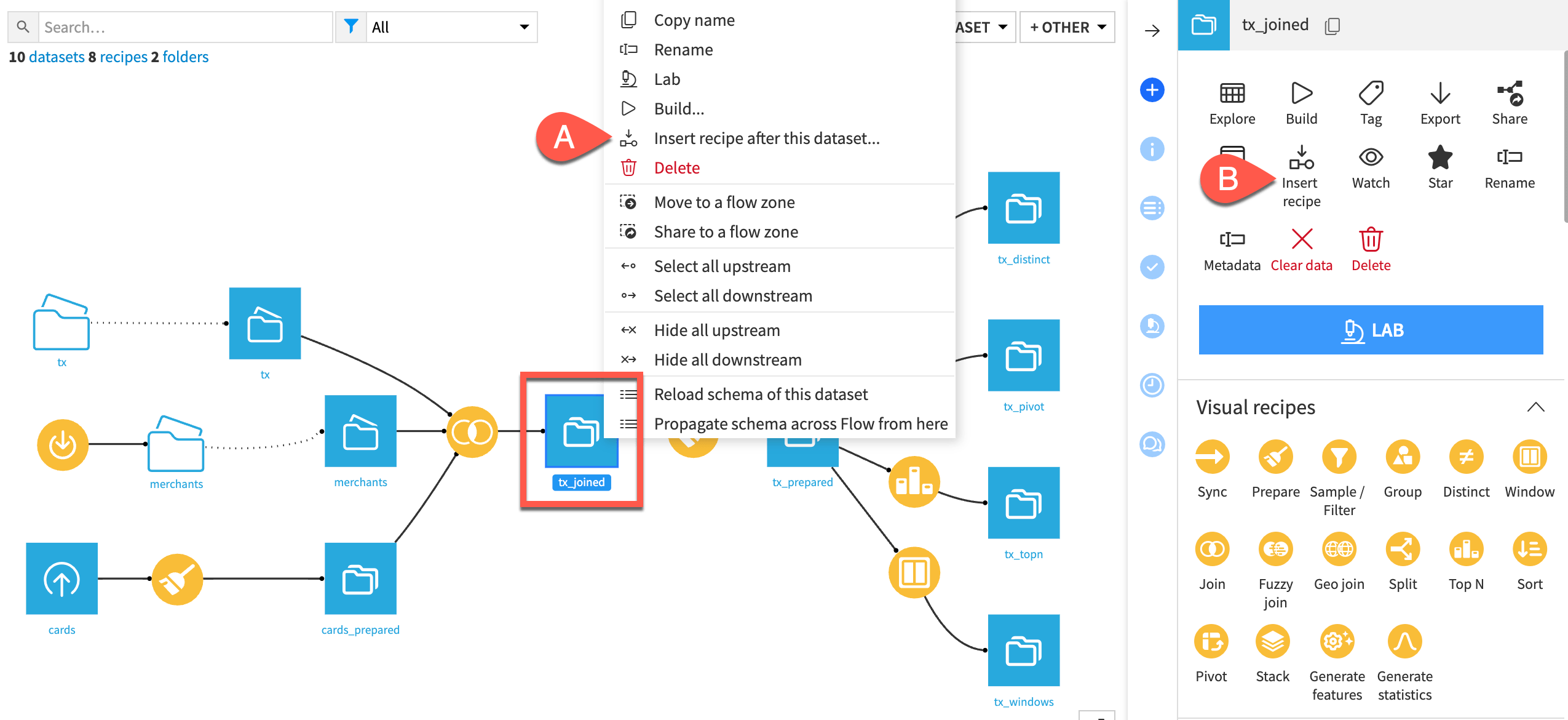 A Dataiku screenshot highlighting the different ways to insert a recipe into the Flow.