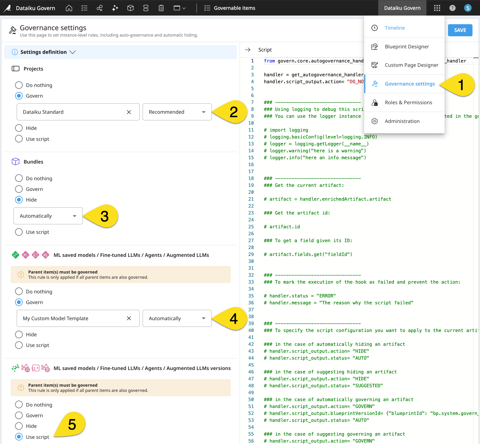 Dataiku screenshot of the instance governance settings.