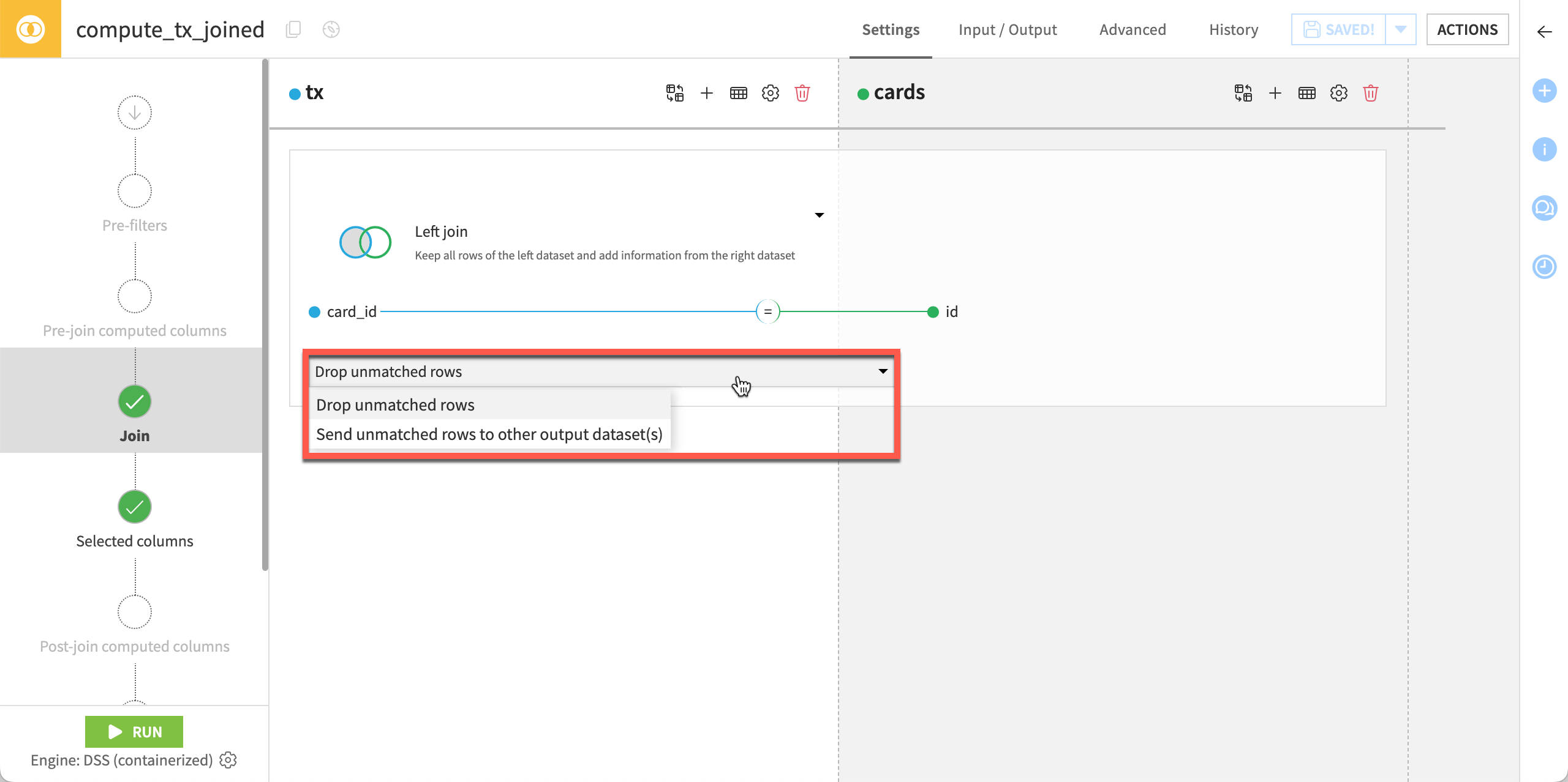 Dataiku screenshot of a Join recipe dialog showing the drop unmatched rows option.