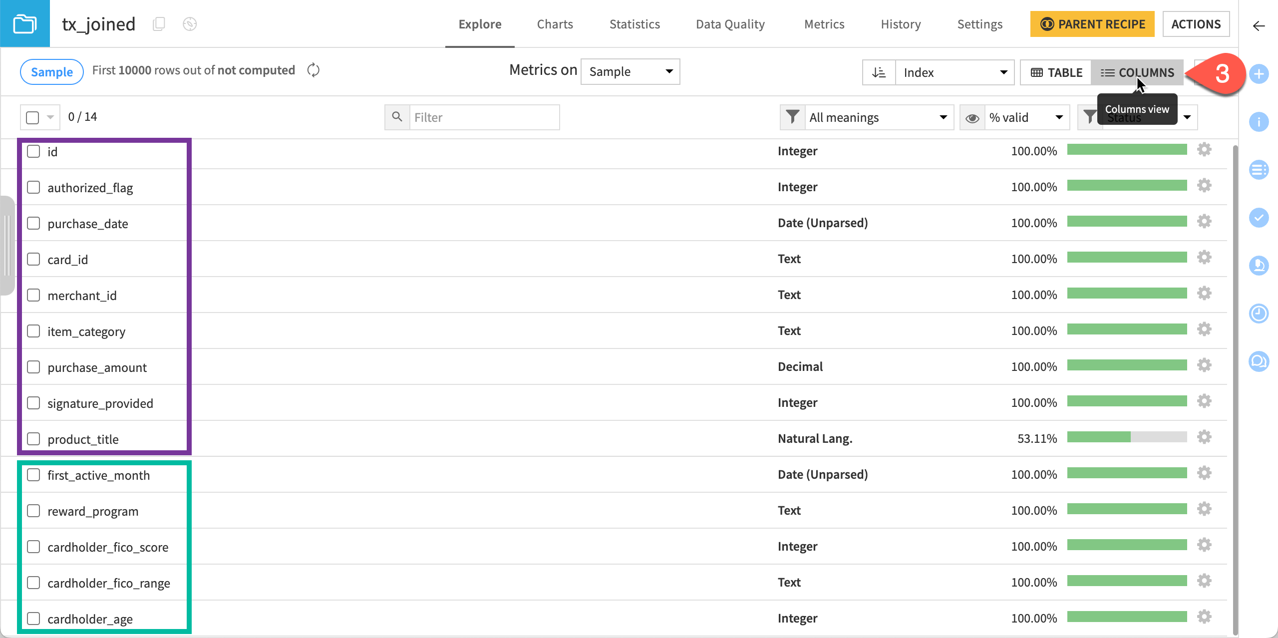 Dataiku screenshot of the dataset output after joining *tx* and *cards*.